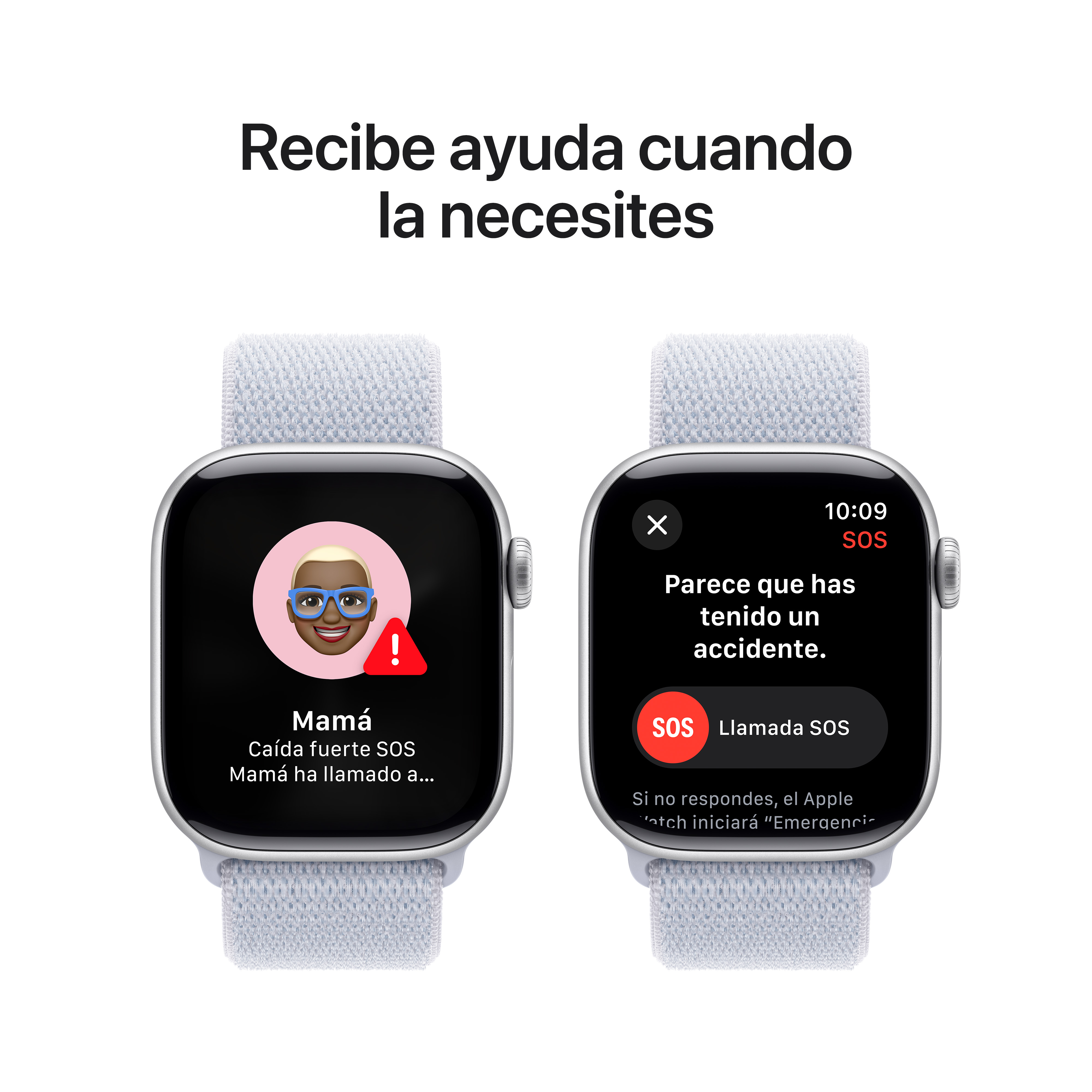 Dos Apple Watches que muestran una pantalla SOS con una llamada de auxilio después de un accidente.
