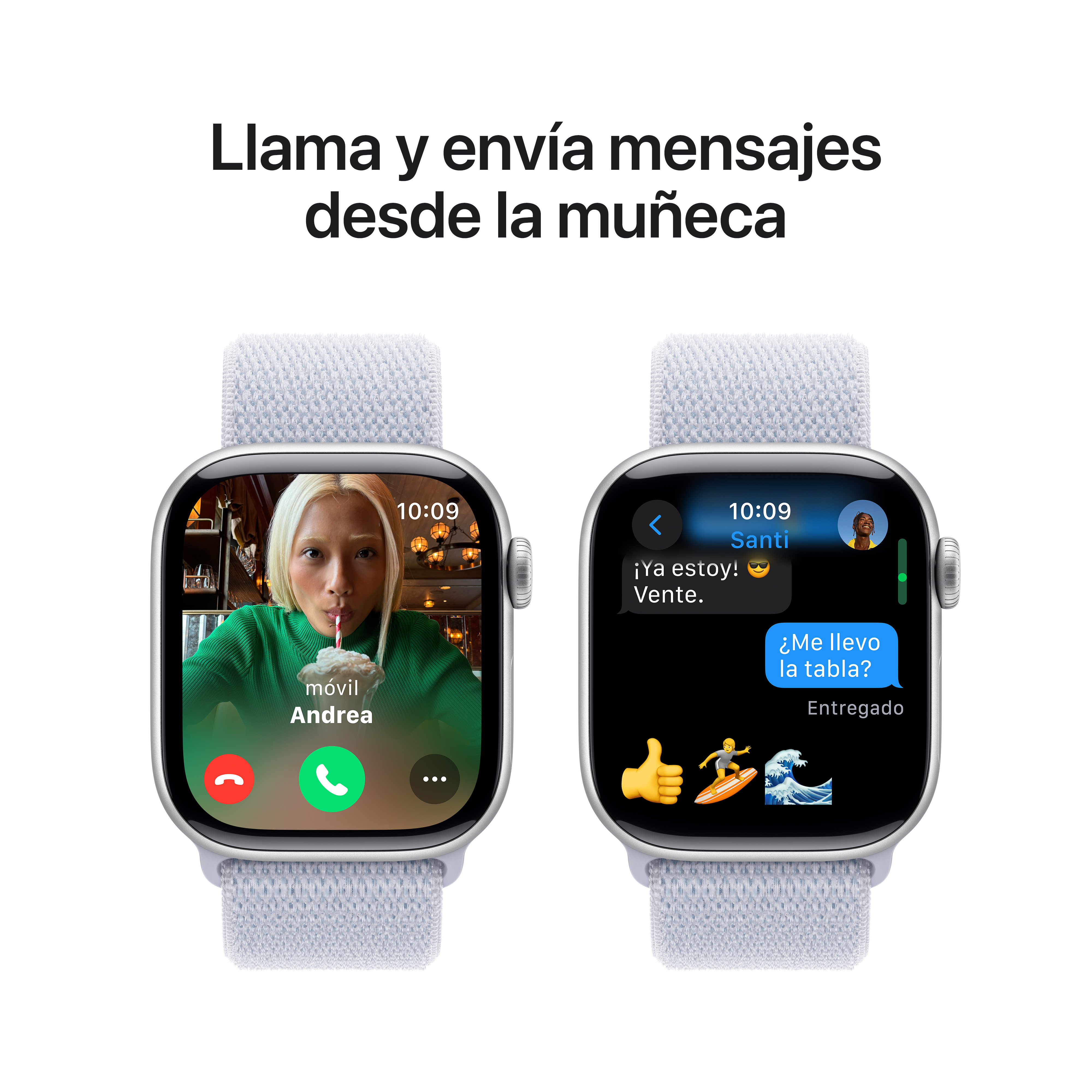 Dos Apple Watches mostrando videollamadas y mensajes de texto; uno muestra una llamada entrante, otro mensajes.