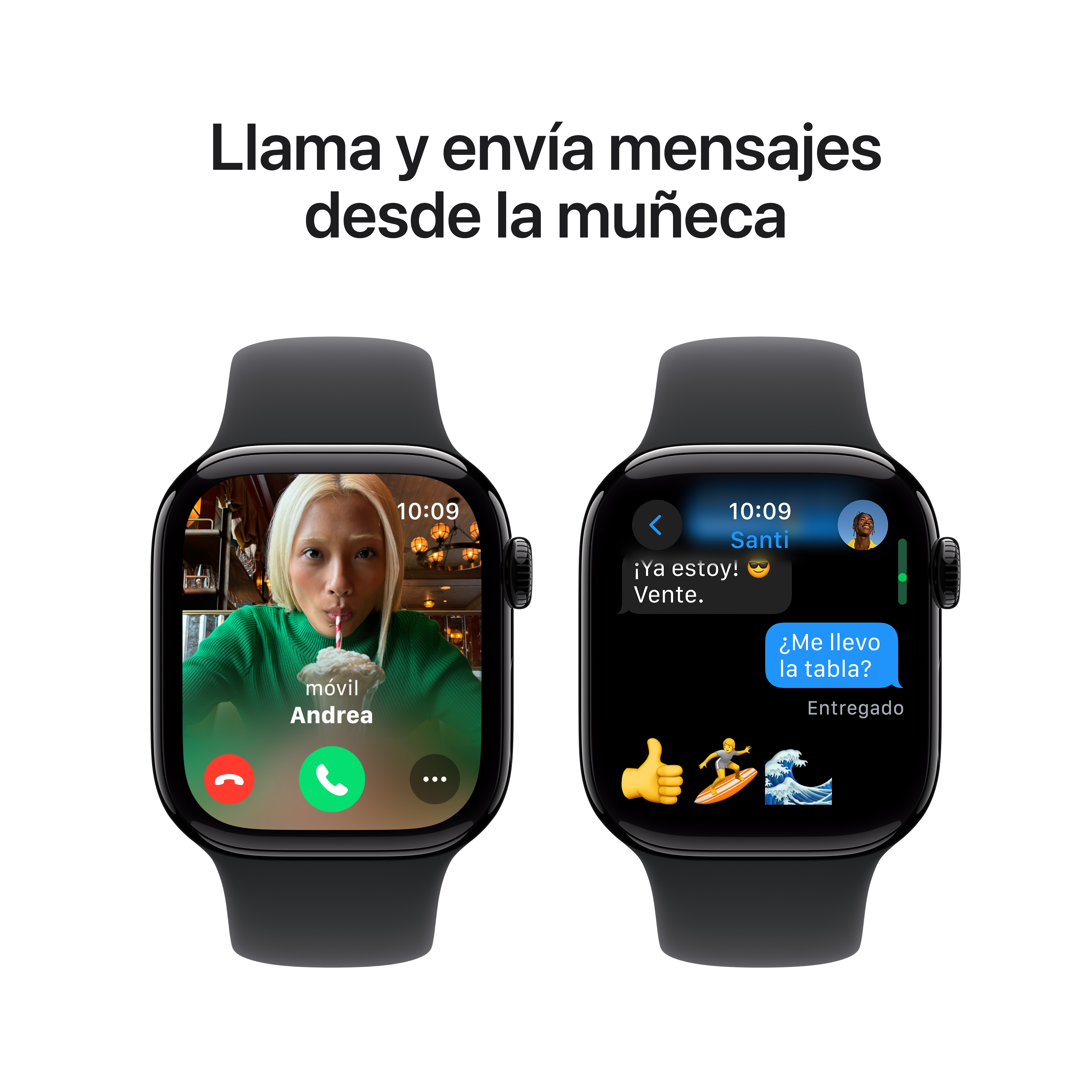 Dos smartwatches negros. Uno muestra una videollamada y el otro un mensaje de texto.