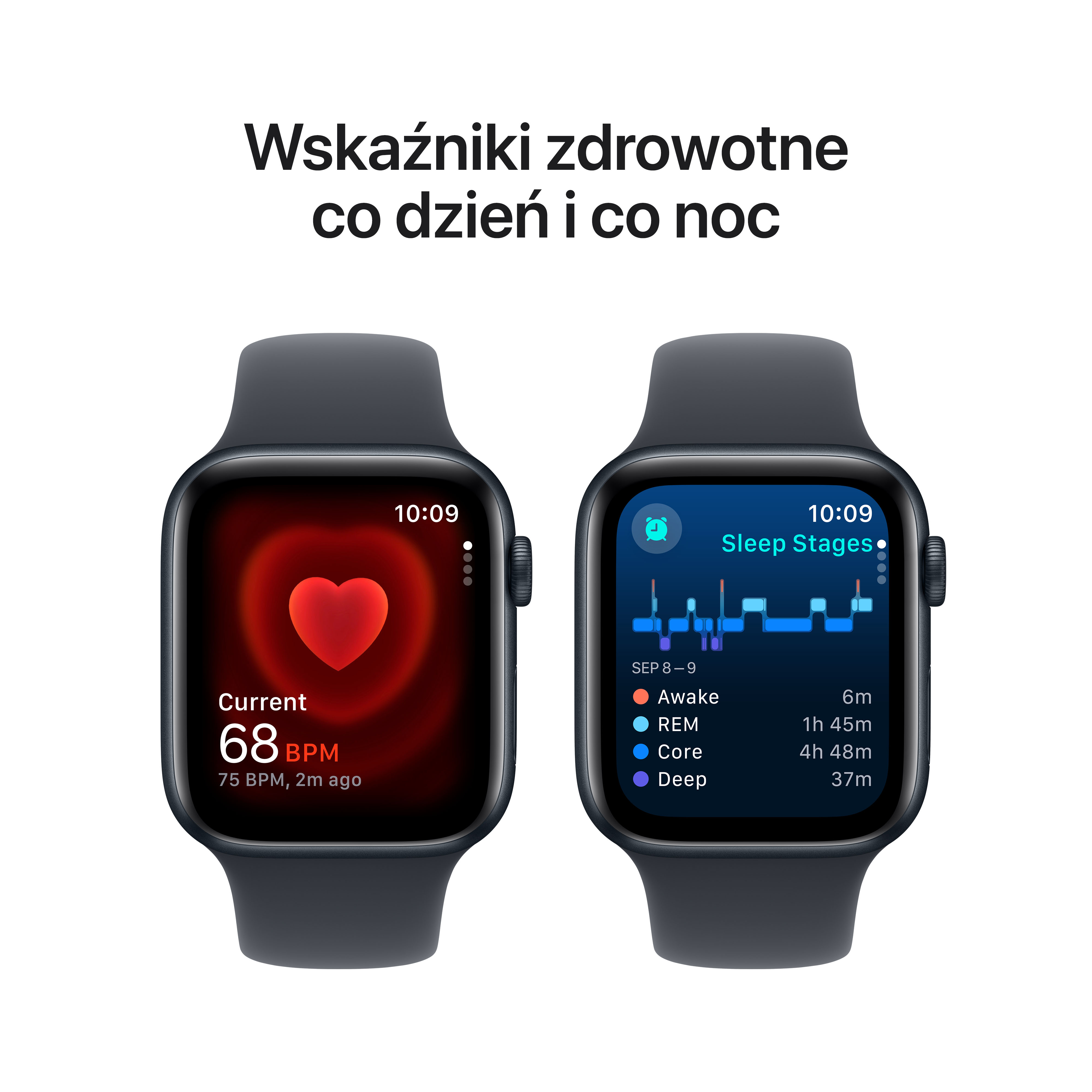 Dwa Apple Watch pokazujące wskaźniki zdrowia: tętno i fazy snu. Białe tło.