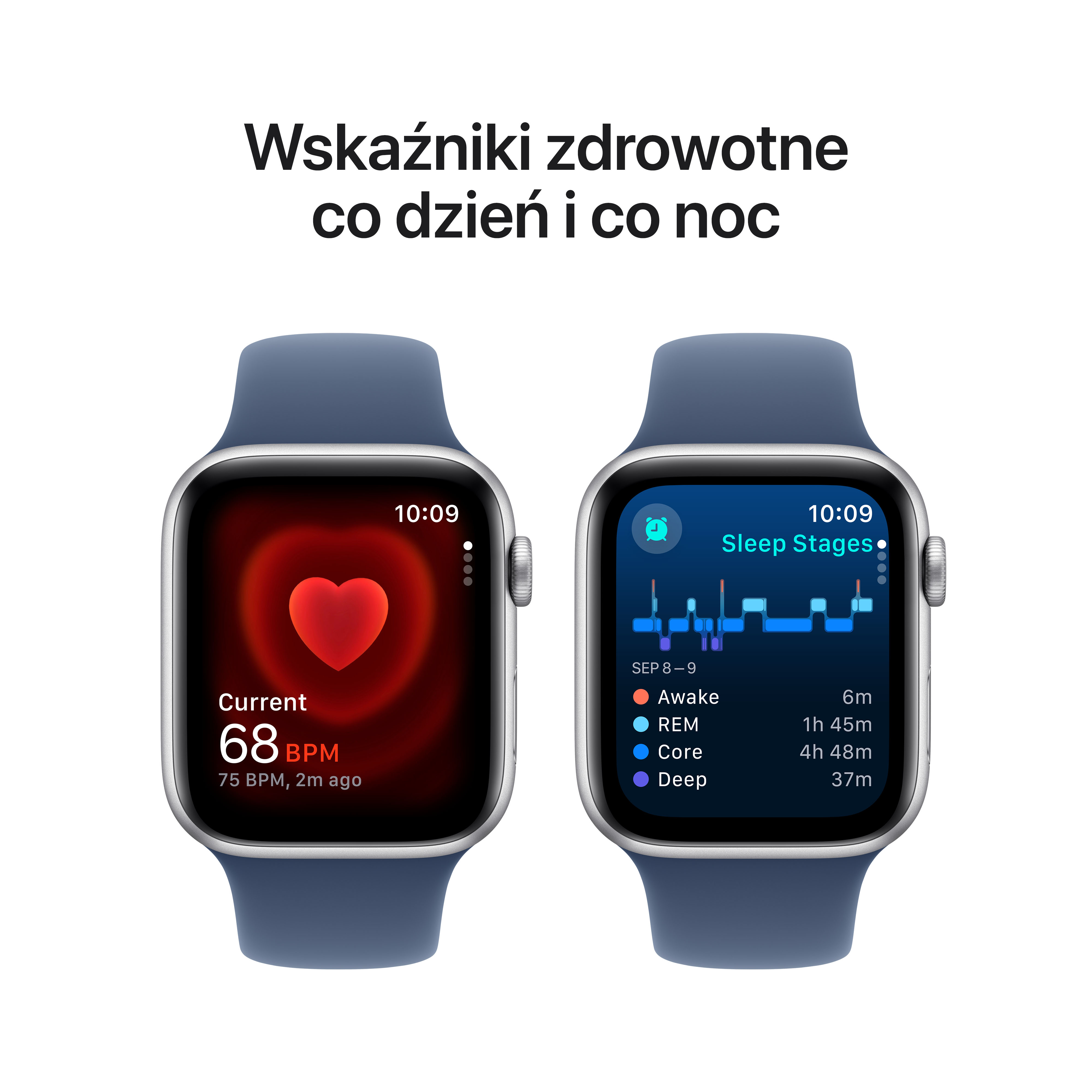 Dwa Apple Watch pokazujące tętno i fazy snu na białym tle.