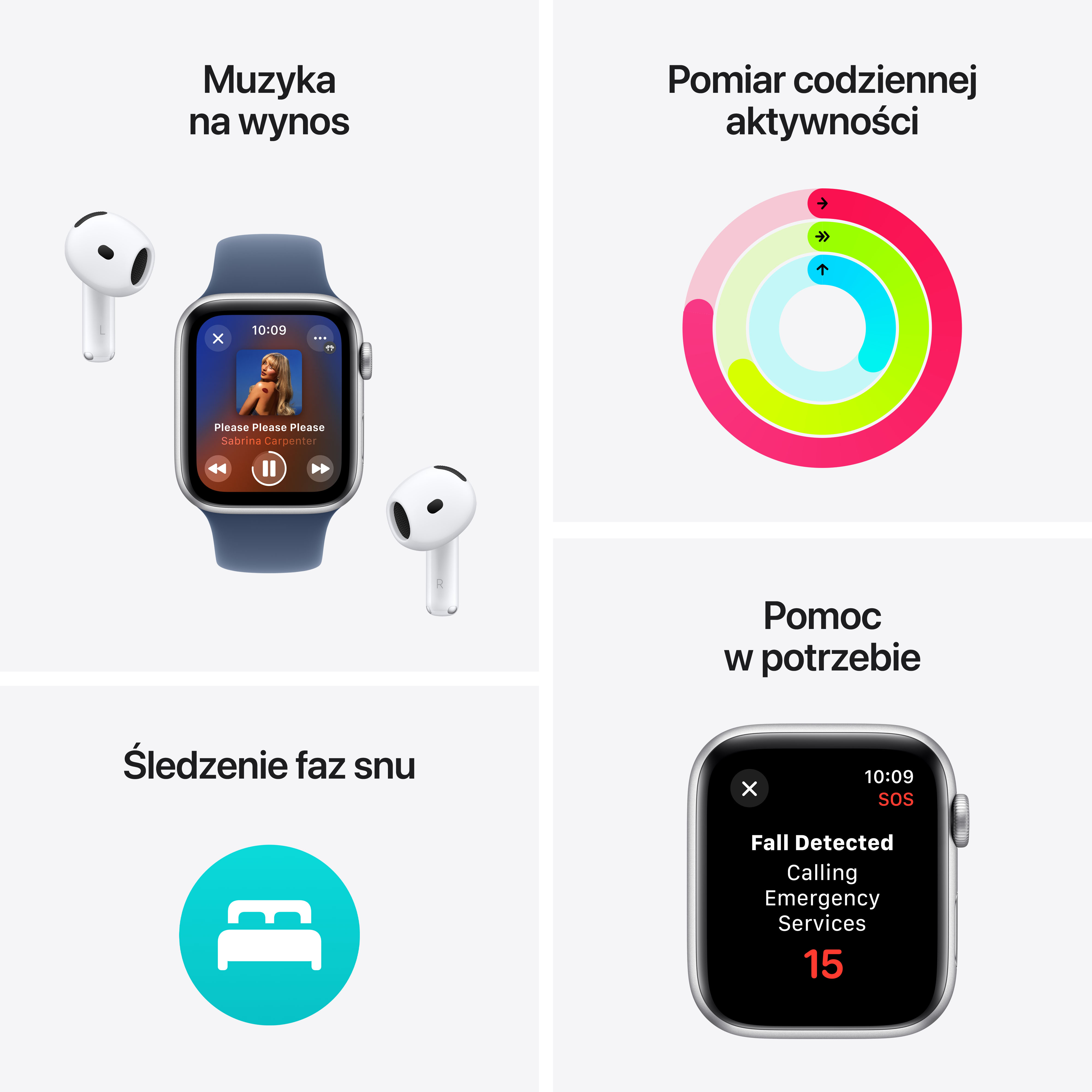 Obraz prezentujący funkcje Apple Watch: muzyka, śledzenie aktywności, śledzenie snu i SOS w nagłych wypadkach.