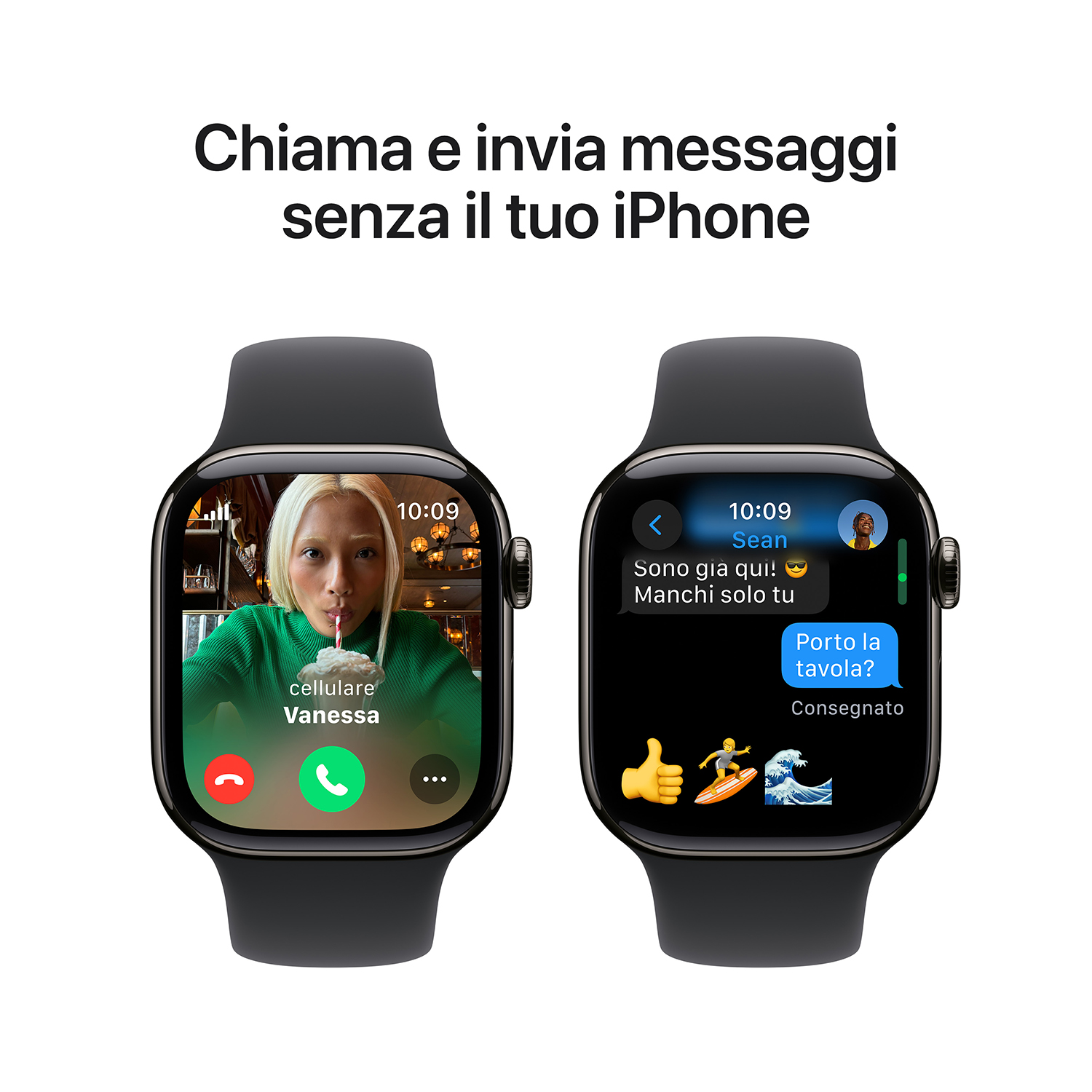 Apple Watch che mostrano le interfacce di videochiamata e messaggi di testo. Uno mostra una chiamata, l'altro messaggi.
