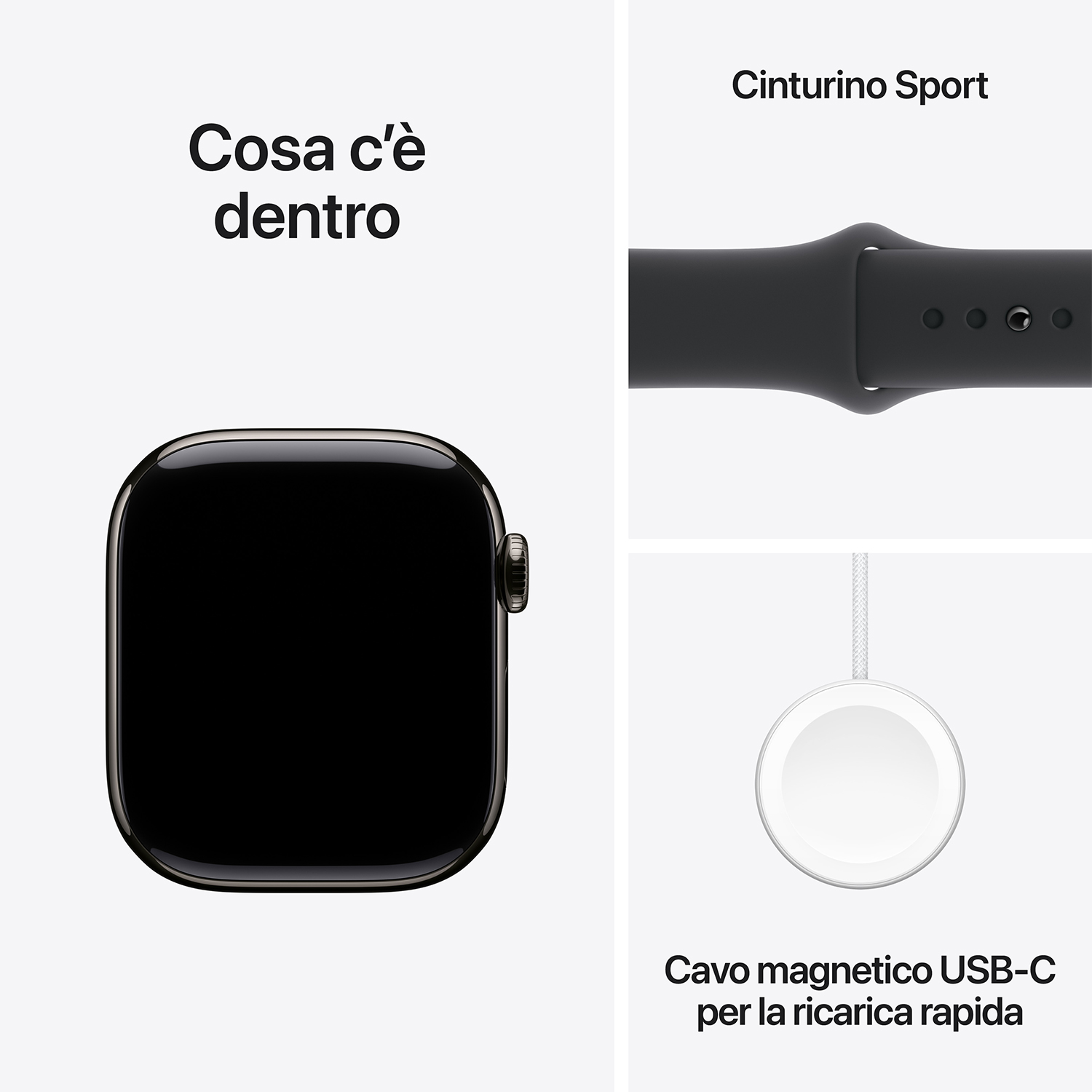 Un Apple Watch, un cinturino sportivo nero e un cavo di ricarica magnetico USB-C sono mostrati.