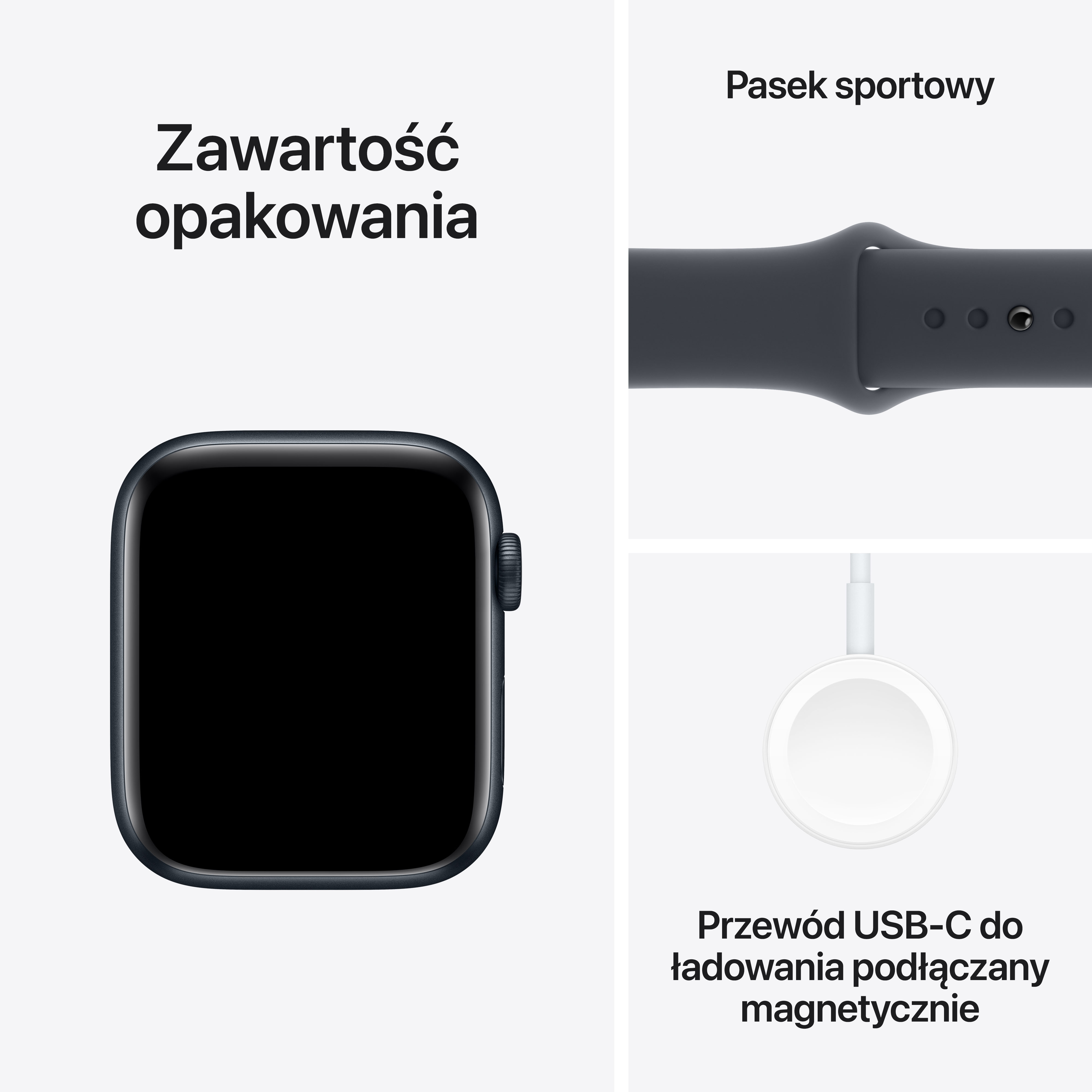 Apple Watch, pasek i kabel ładujący USB-C na białej powierzchni.
