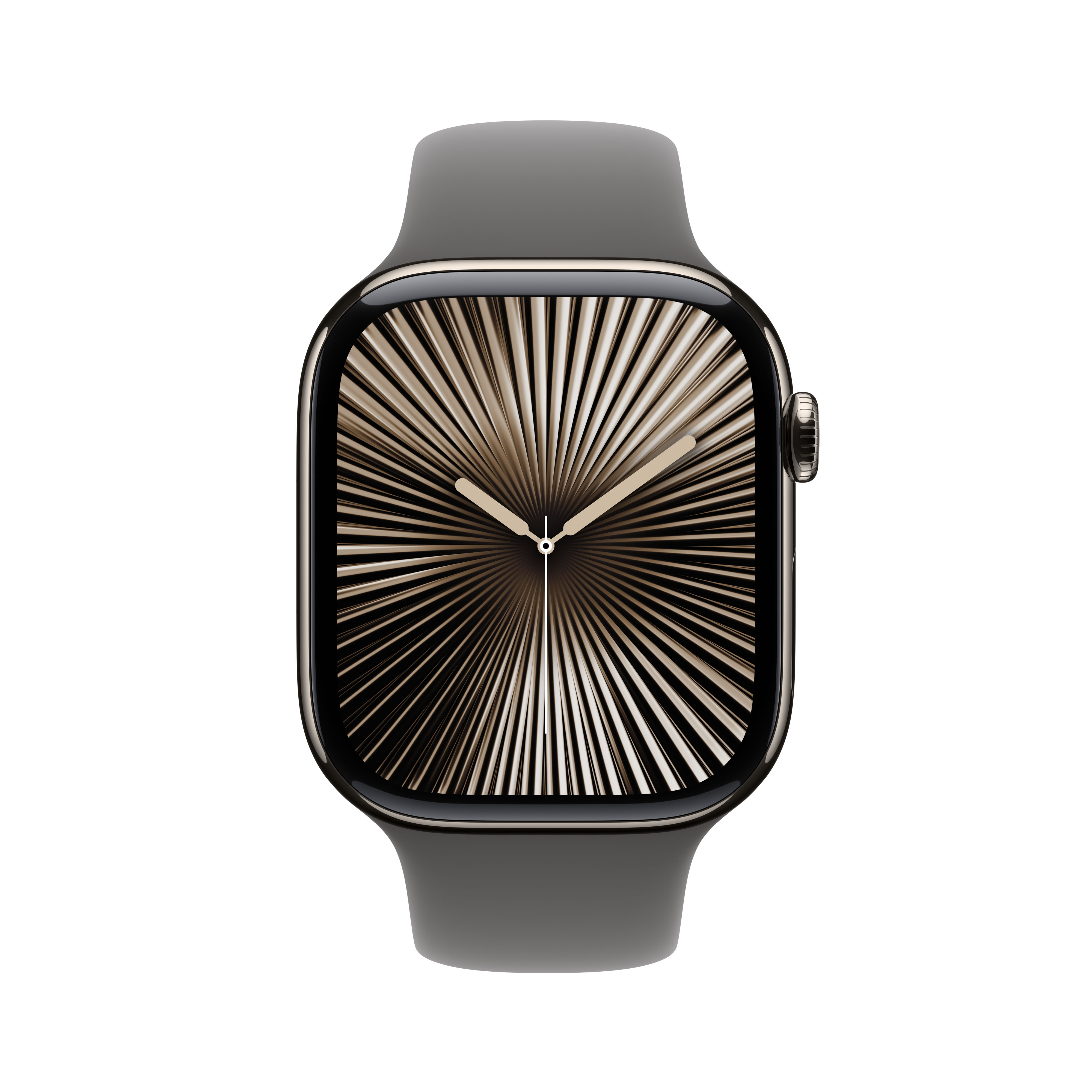Un Apple Watch con correa gris, mostrando una pantalla similar a un sol.