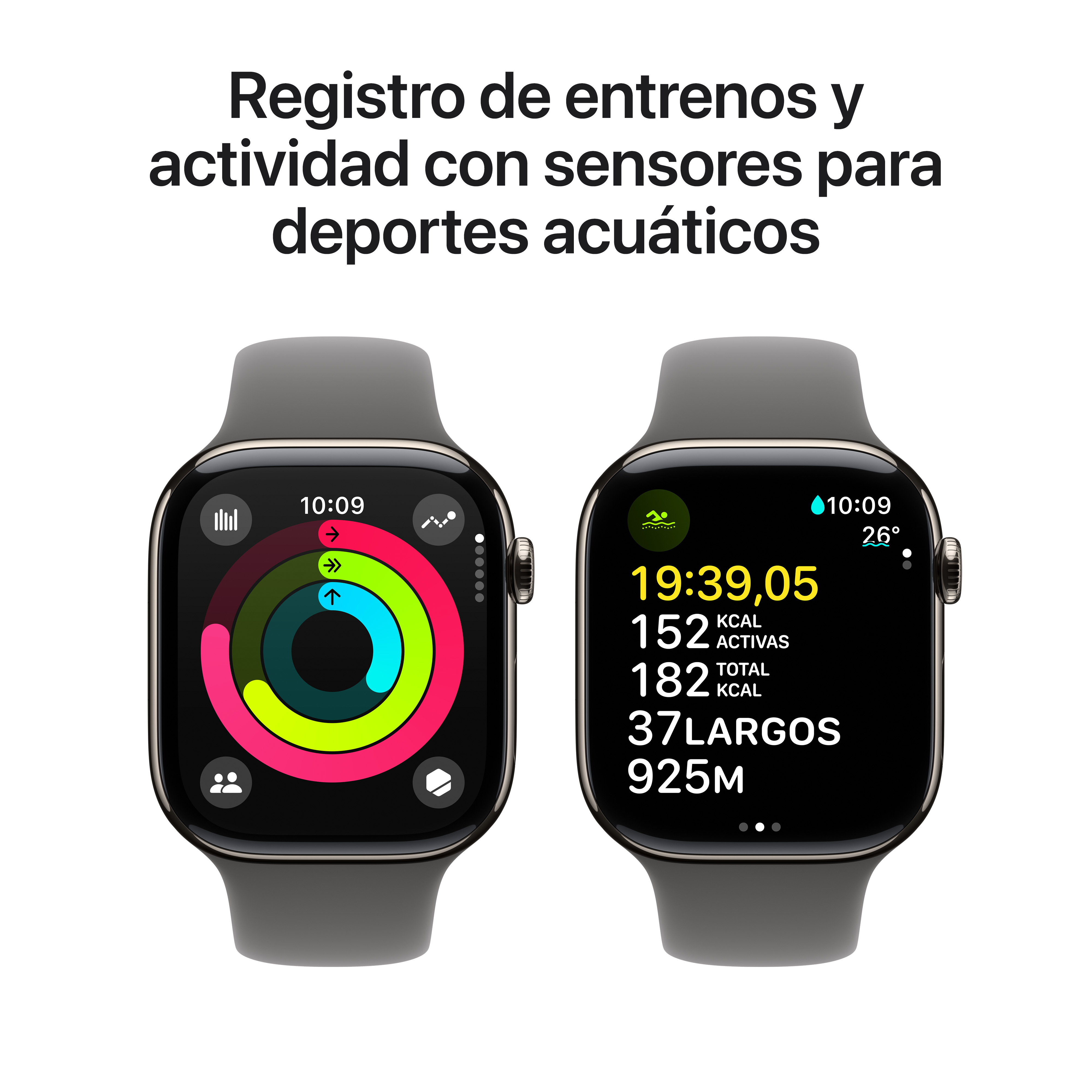 Dos smartwatches mostrando registros de entrenamiento y actividad. El texto superior dice 'Registros de entrenamiento y actividad'.