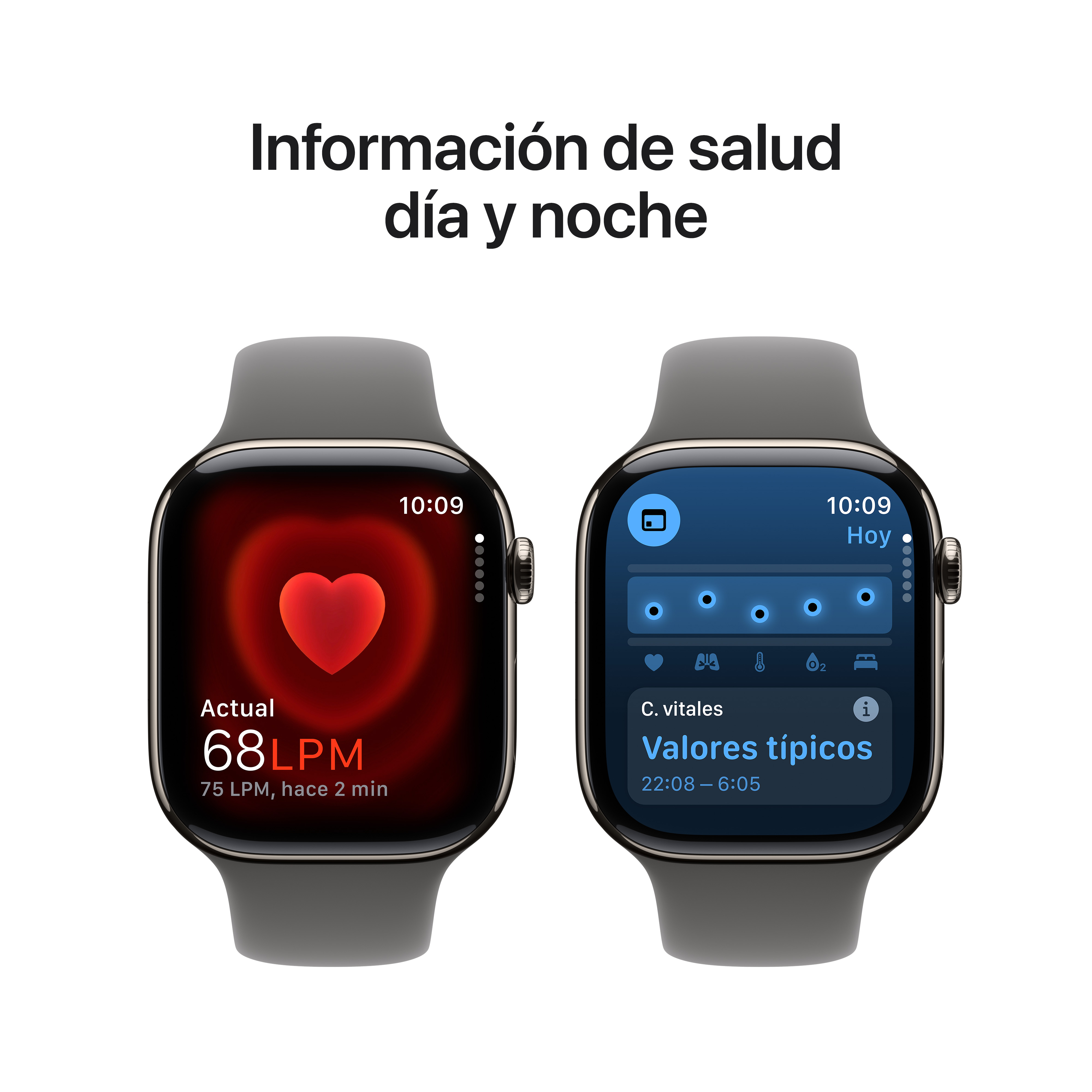 Smartwatch mostrando datos de salud: frecuencia cardíaca y valores típicos.