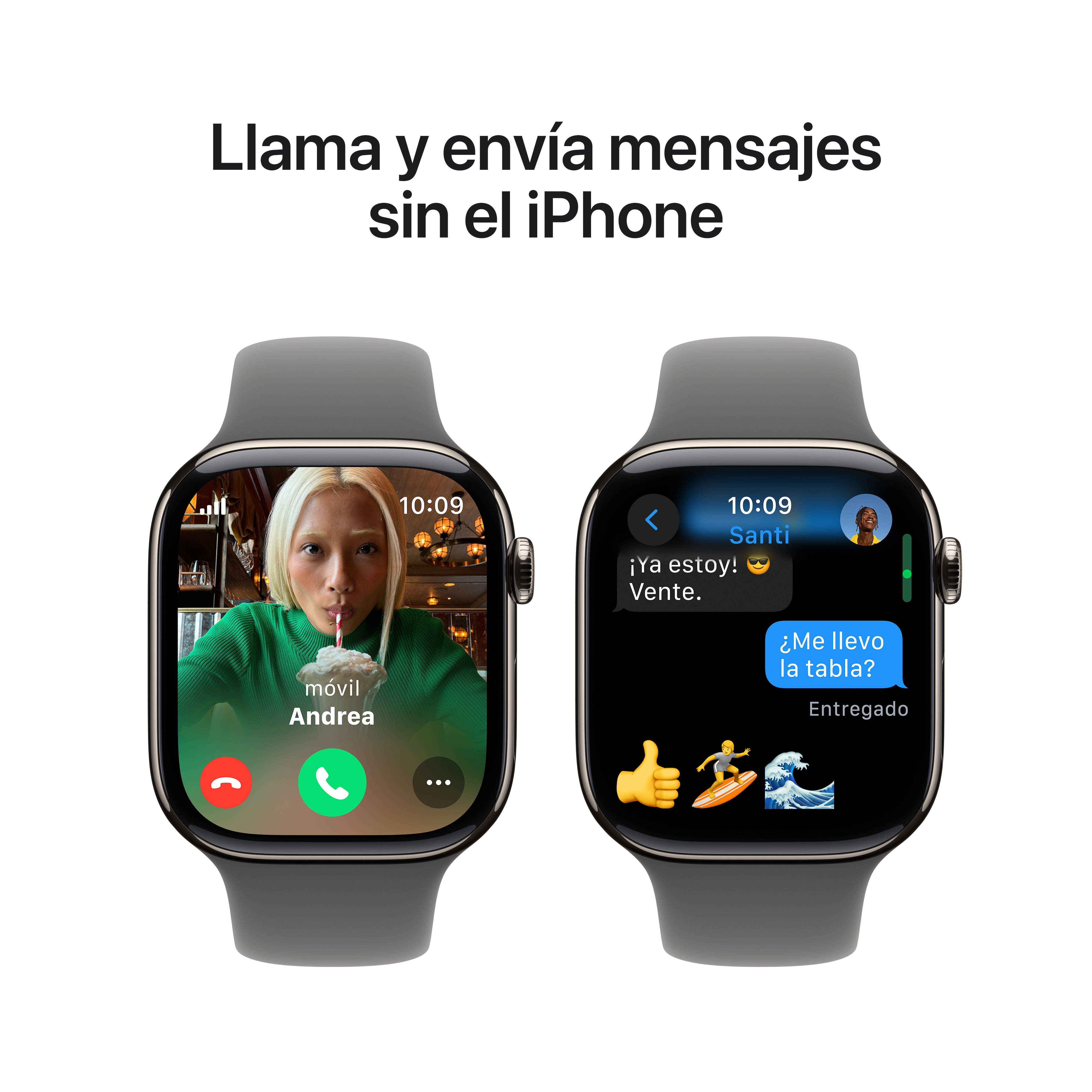 Dos Apple Watches que muestran videollamadas y mensajes de texto con emojis en sus pantallas.