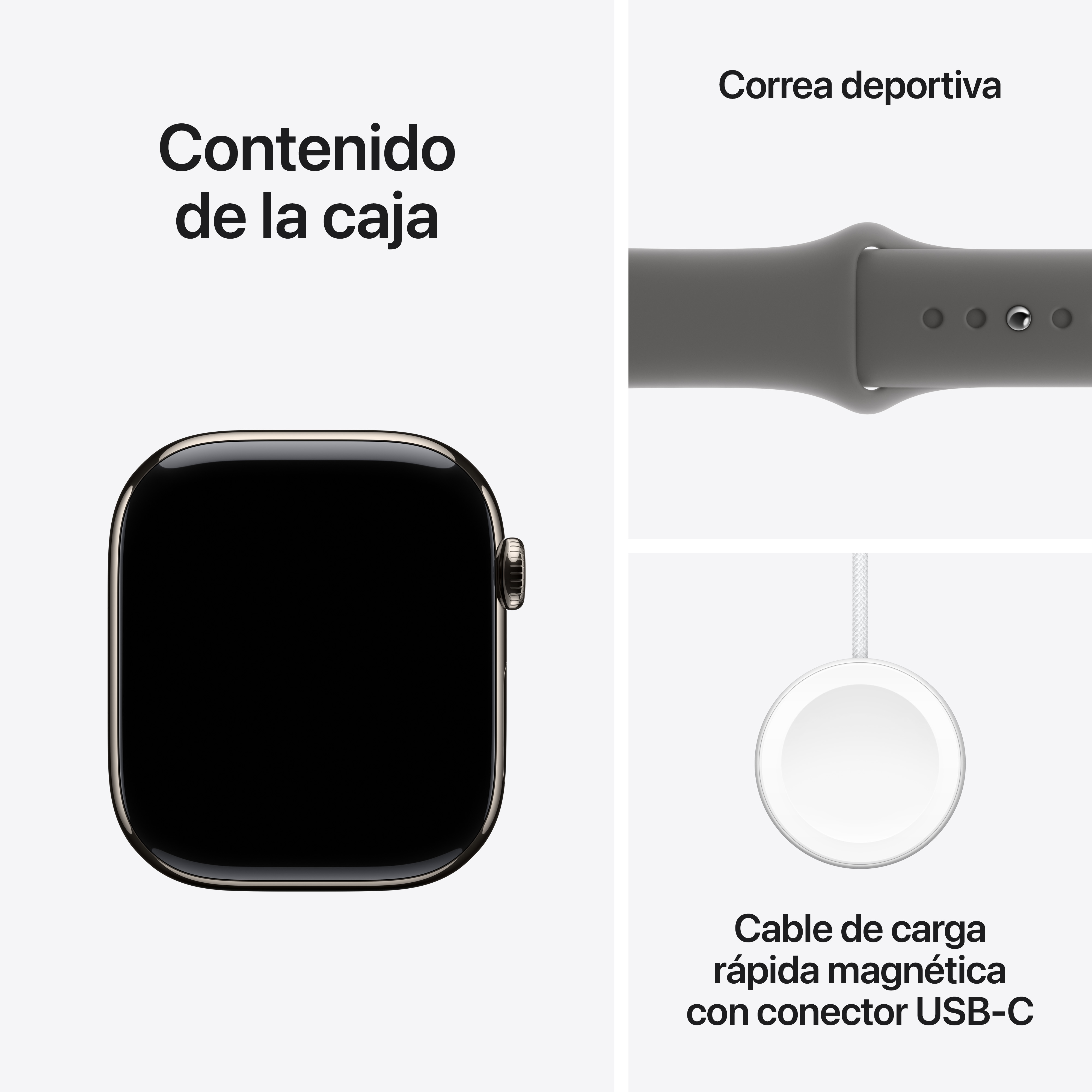 Un Apple Watch con caja dorada, pantalla negra y correa deportiva, además de un cable de carga.