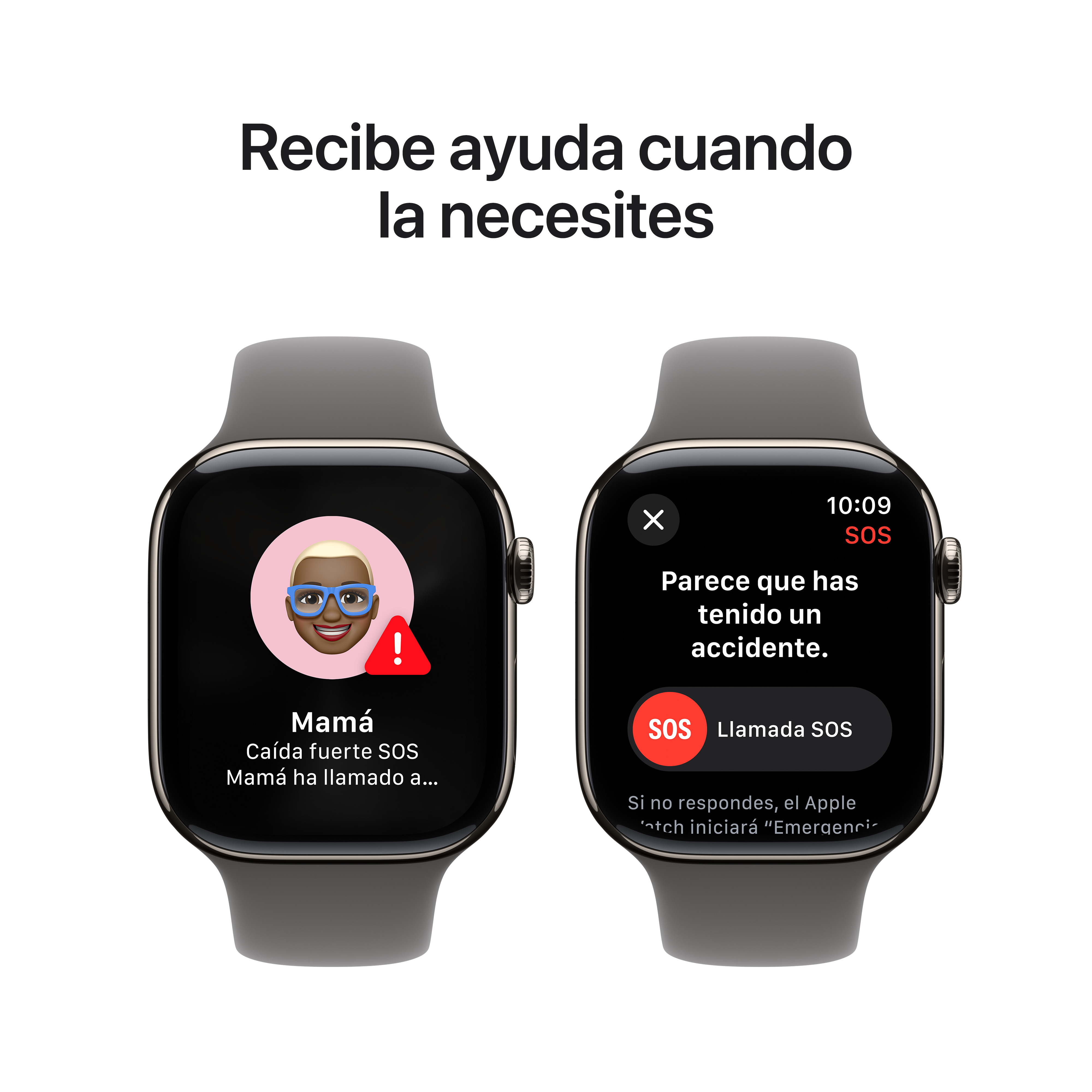 Dos Apple Watches mostrando llamadas de emergencia y alertas en sus pantallas, sobre fondo blanco.