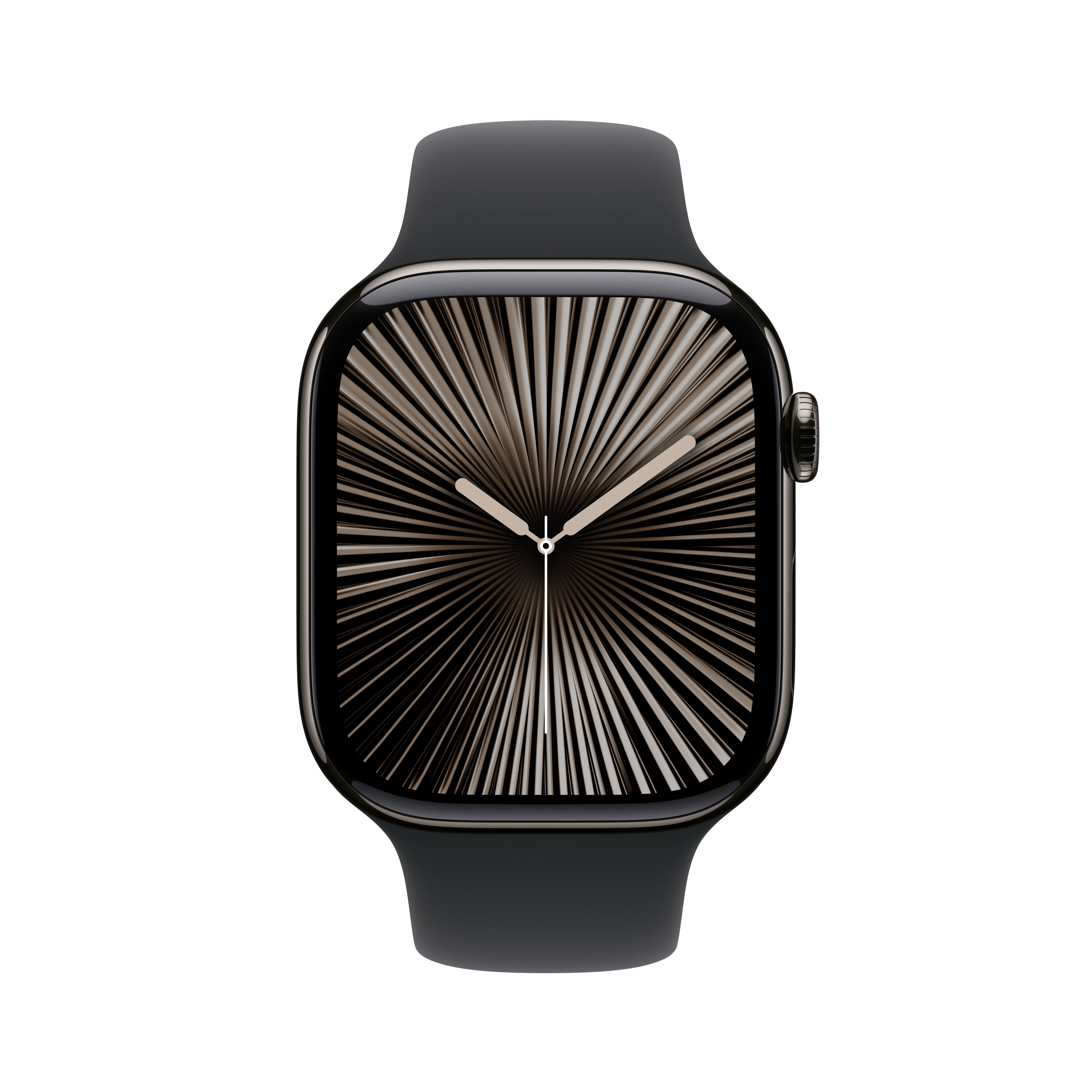 Apple Watch con caja y correa negras, mostrando esfera de líneas radiales.