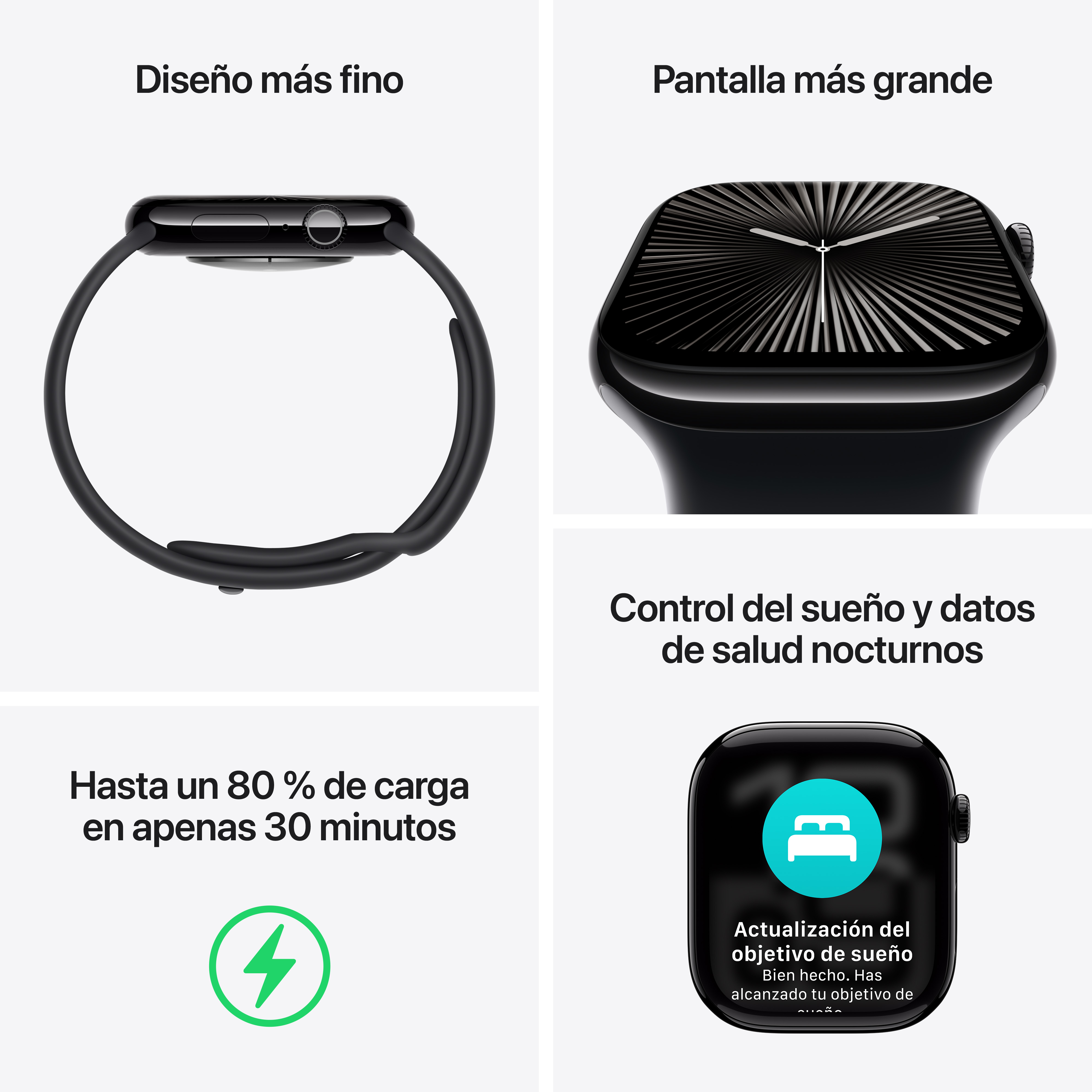 Cuatro imágenes de funciones de smartwatch: diseño, pantalla más grande, carga rápida, datos de sueño.