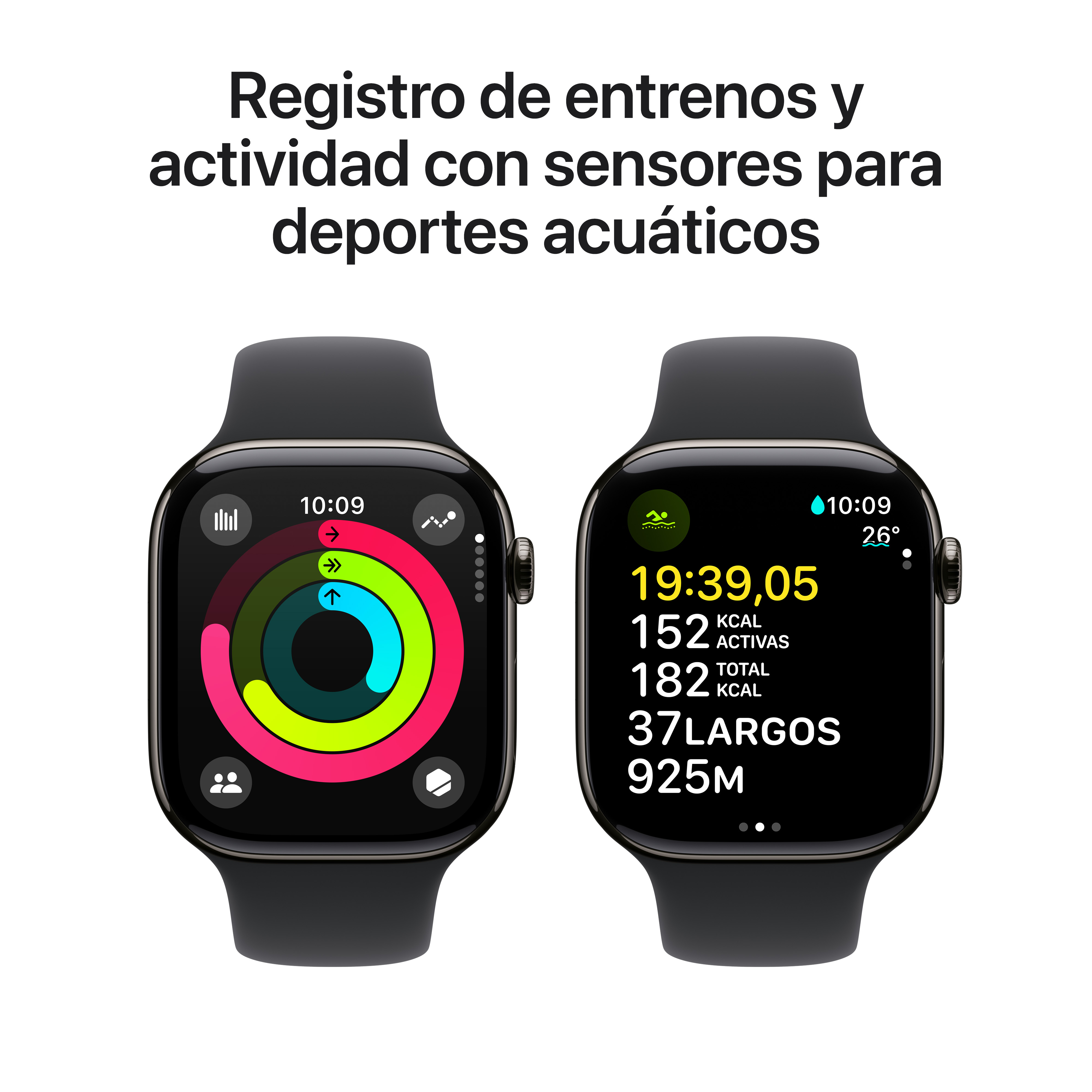Dos smartwatches mostrando datos de entrenamiento y actividad, incluyendo tiempo, calorías y vueltas.