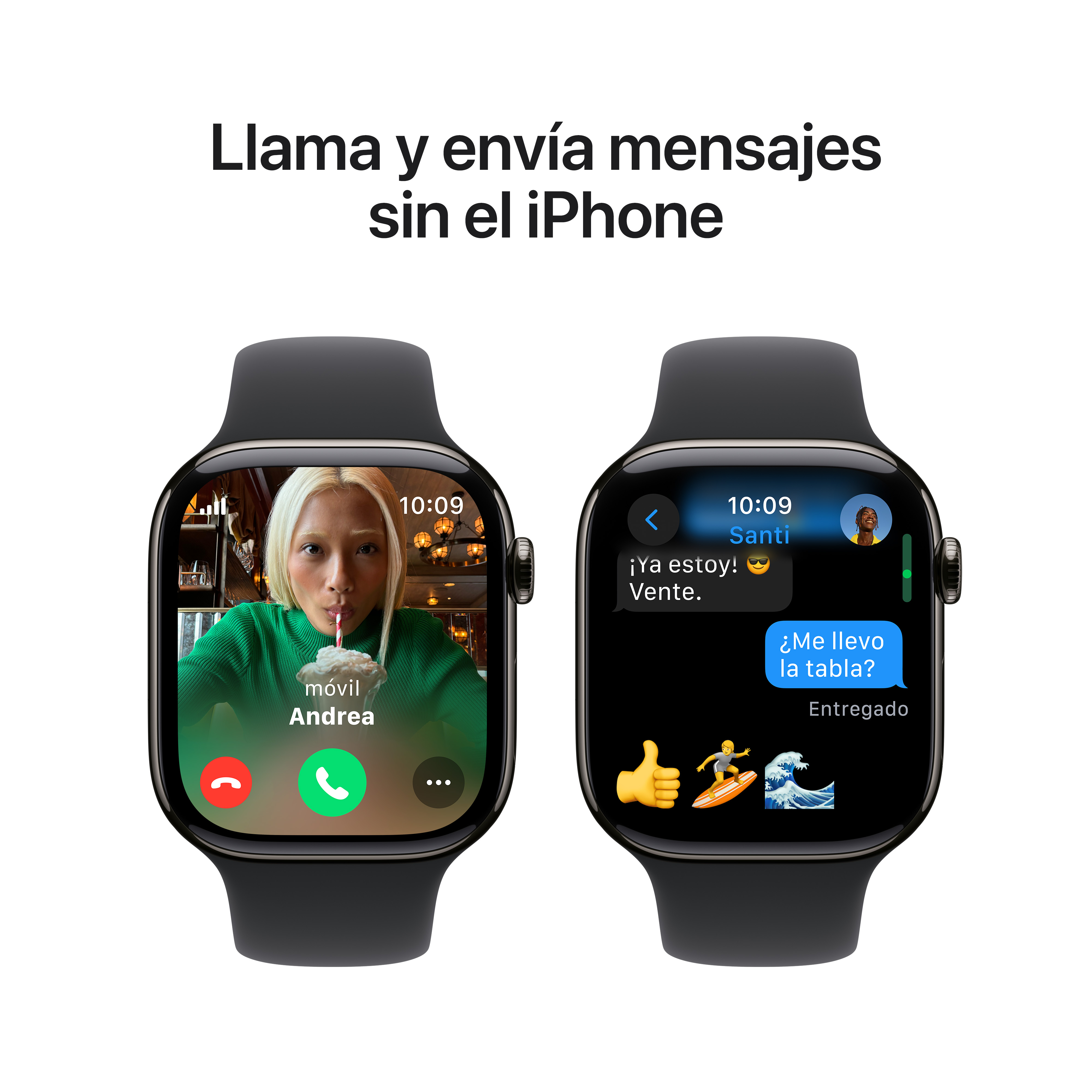Dos smartwatches con interfaces de texto y videollamadas, sobre fondo blanco.