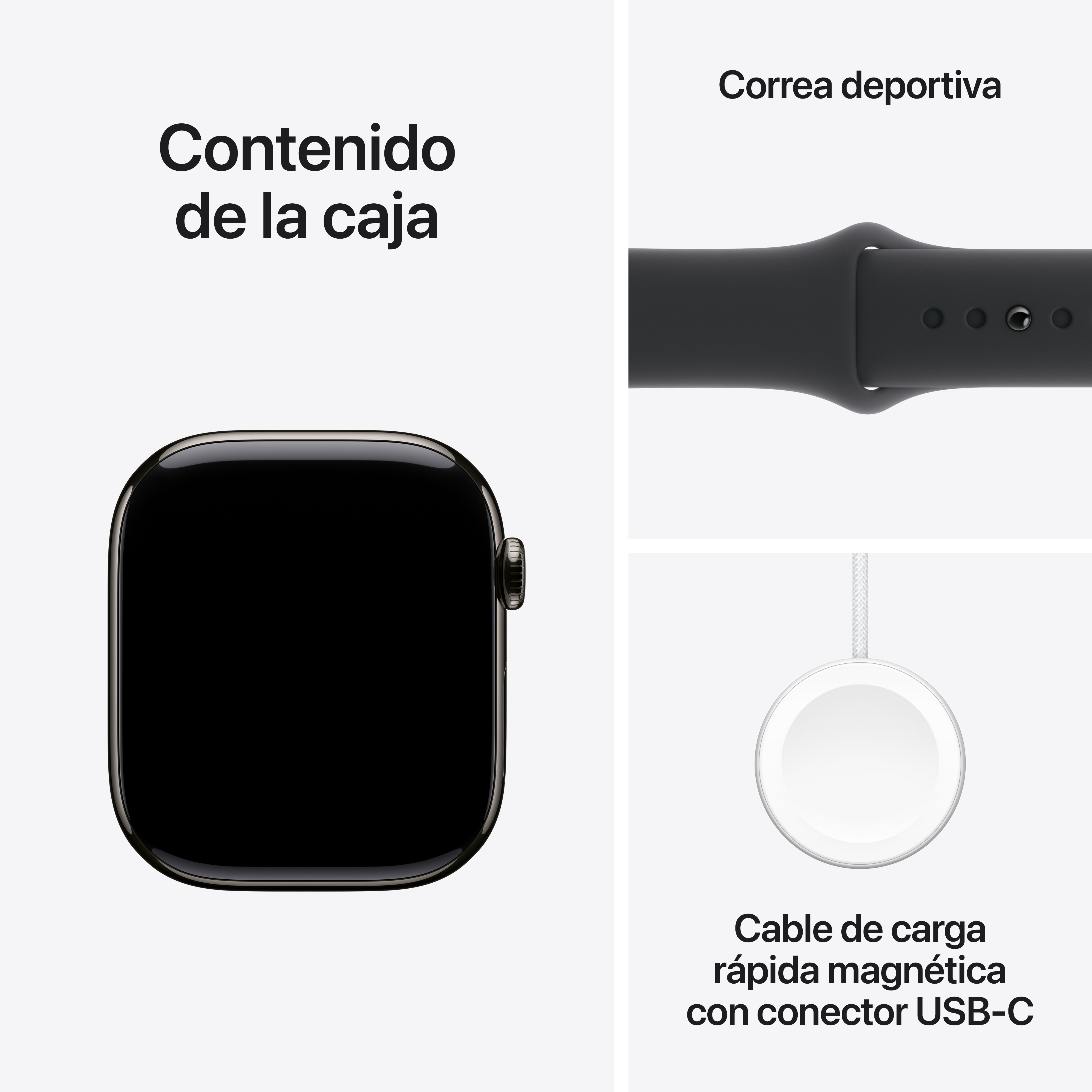 Smartwatch con pantalla negra, correa deportiva y cable de carga. Fondo blanco.