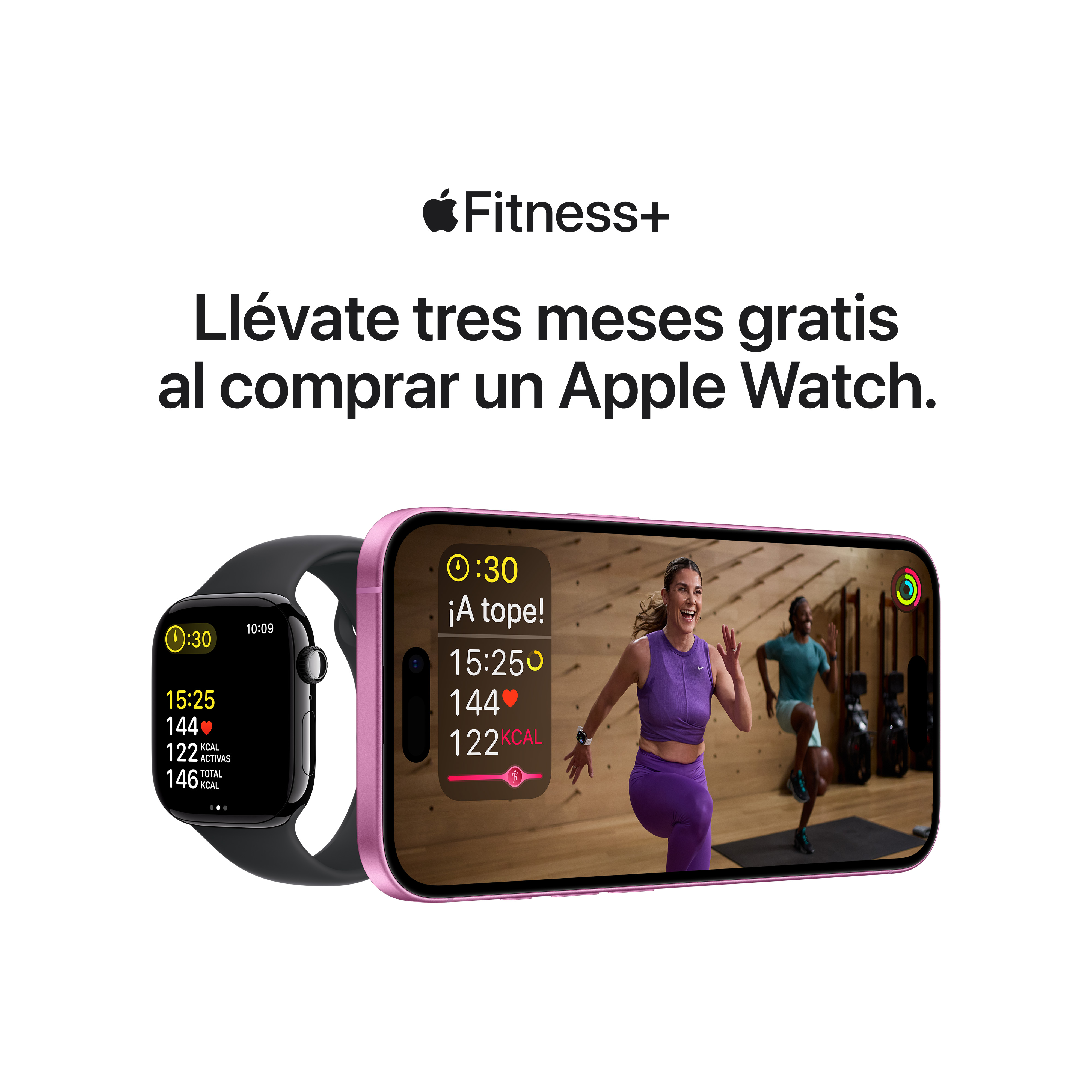 Apple Watch e iPhone. Mujer en la pantalla del teléfono haciendo ejercicio. Promoción Fitness+: 3 meses gratis.