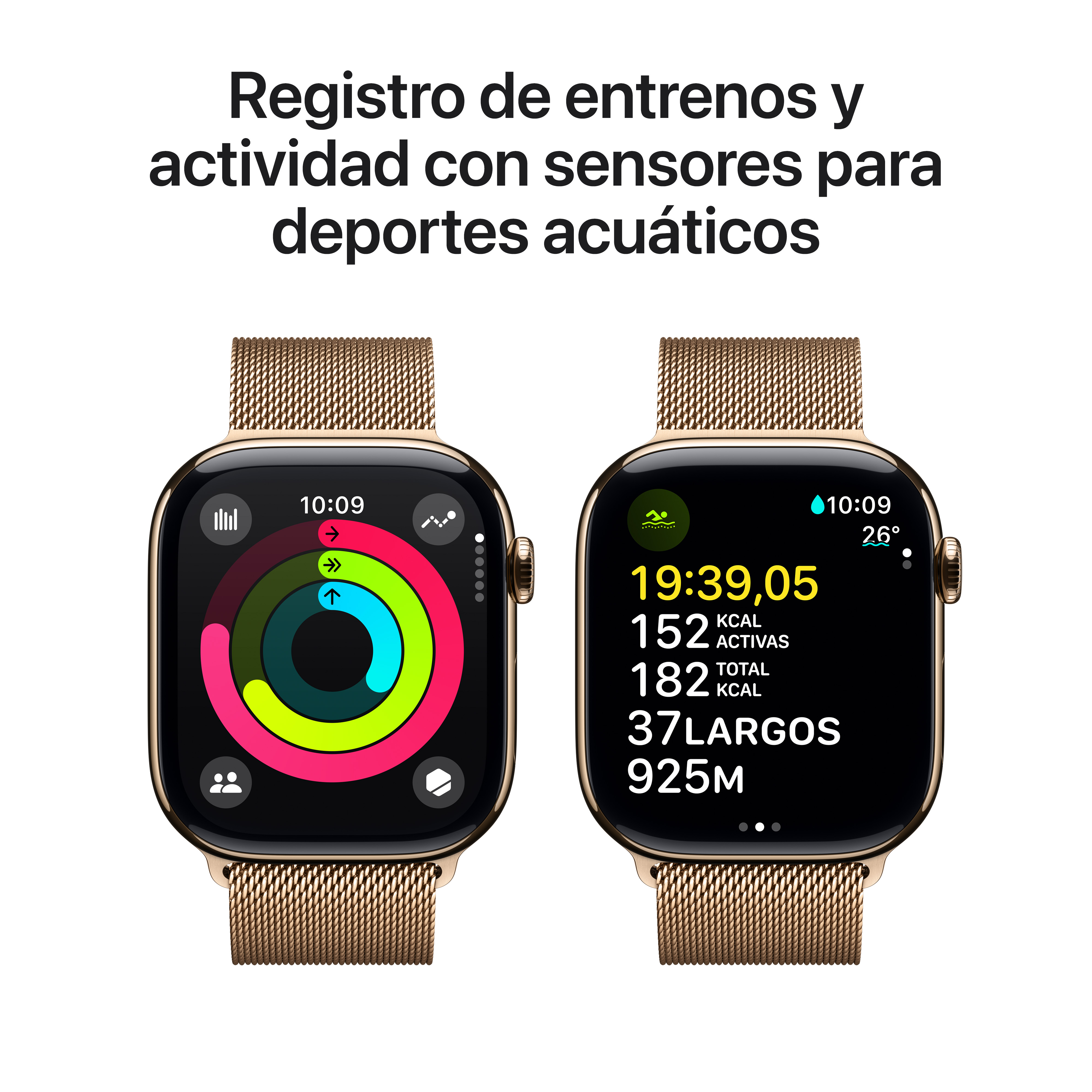 Dos smartwatches mostrando datos de actividad, texto superior en español. Correas doradas y pantallas negras.
