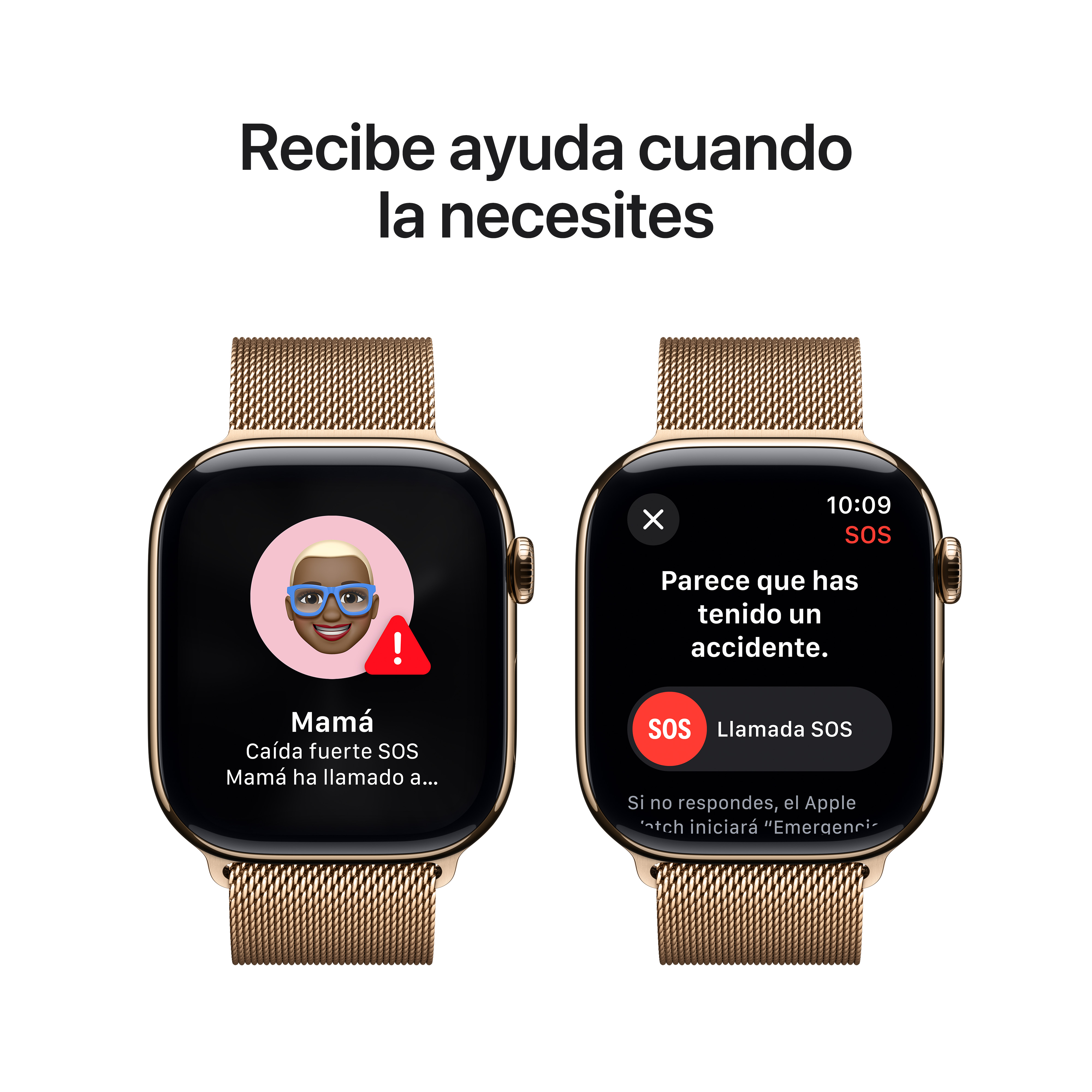 Dos Apple Watch dorados con correas metálicas. Pantalla SOS muestra rostro de mujer y mensaje de ayuda.