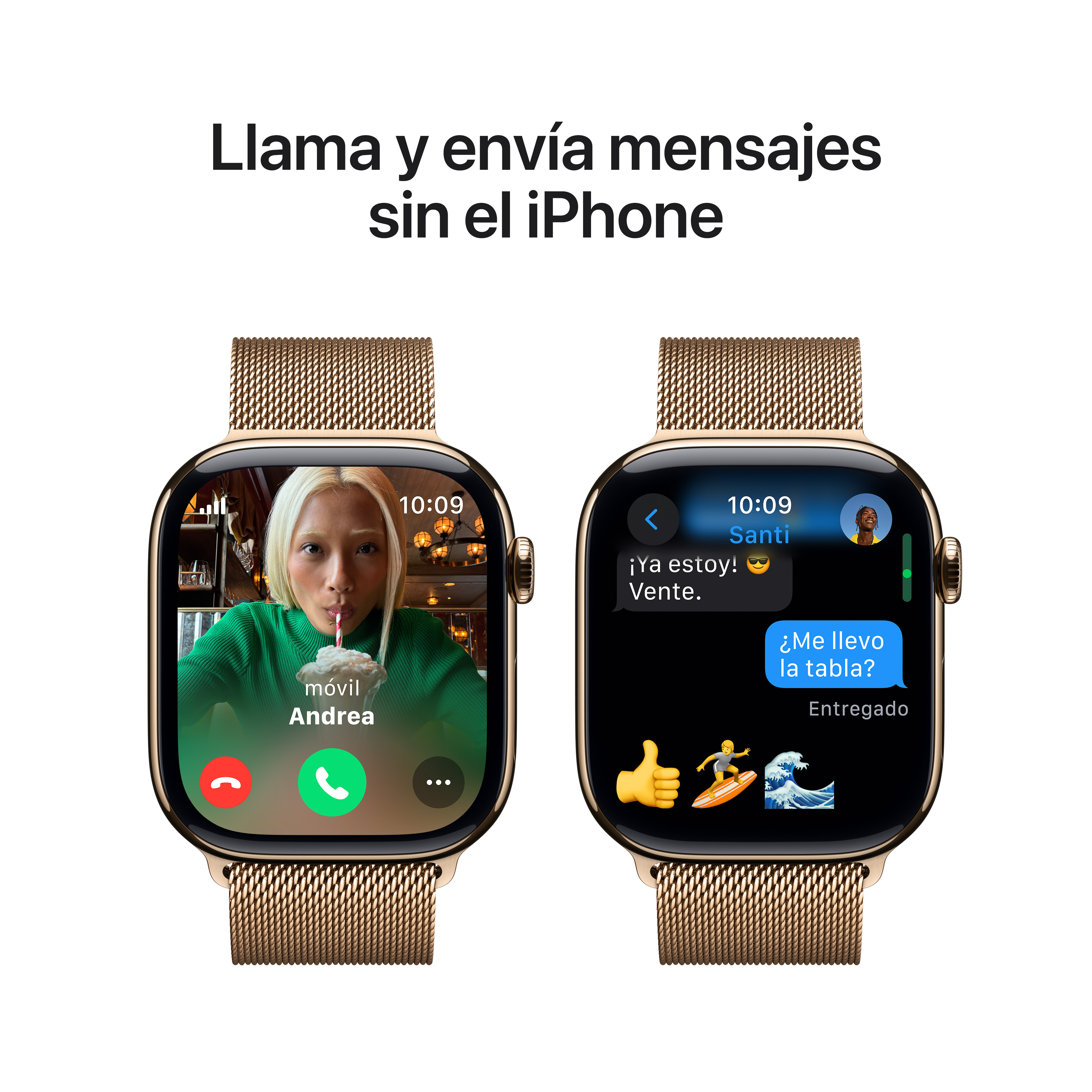 Smartwatch mostrando interfaz de llamada y mensaje, con correa dorada y persona en pantalla.