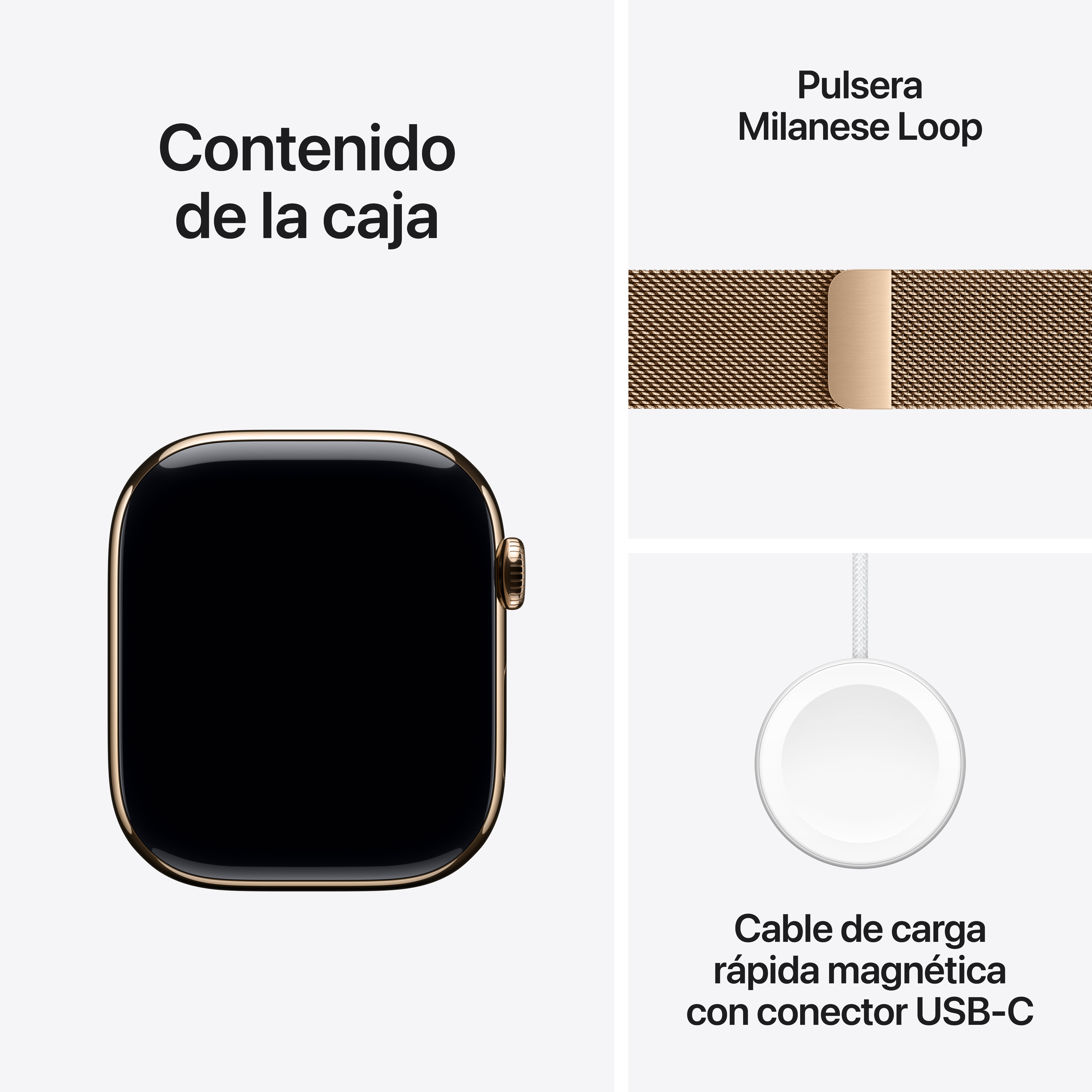 Apple Watch con caja dorada, una correa Milanese Loop y un disco de carga con cable USB-C.
