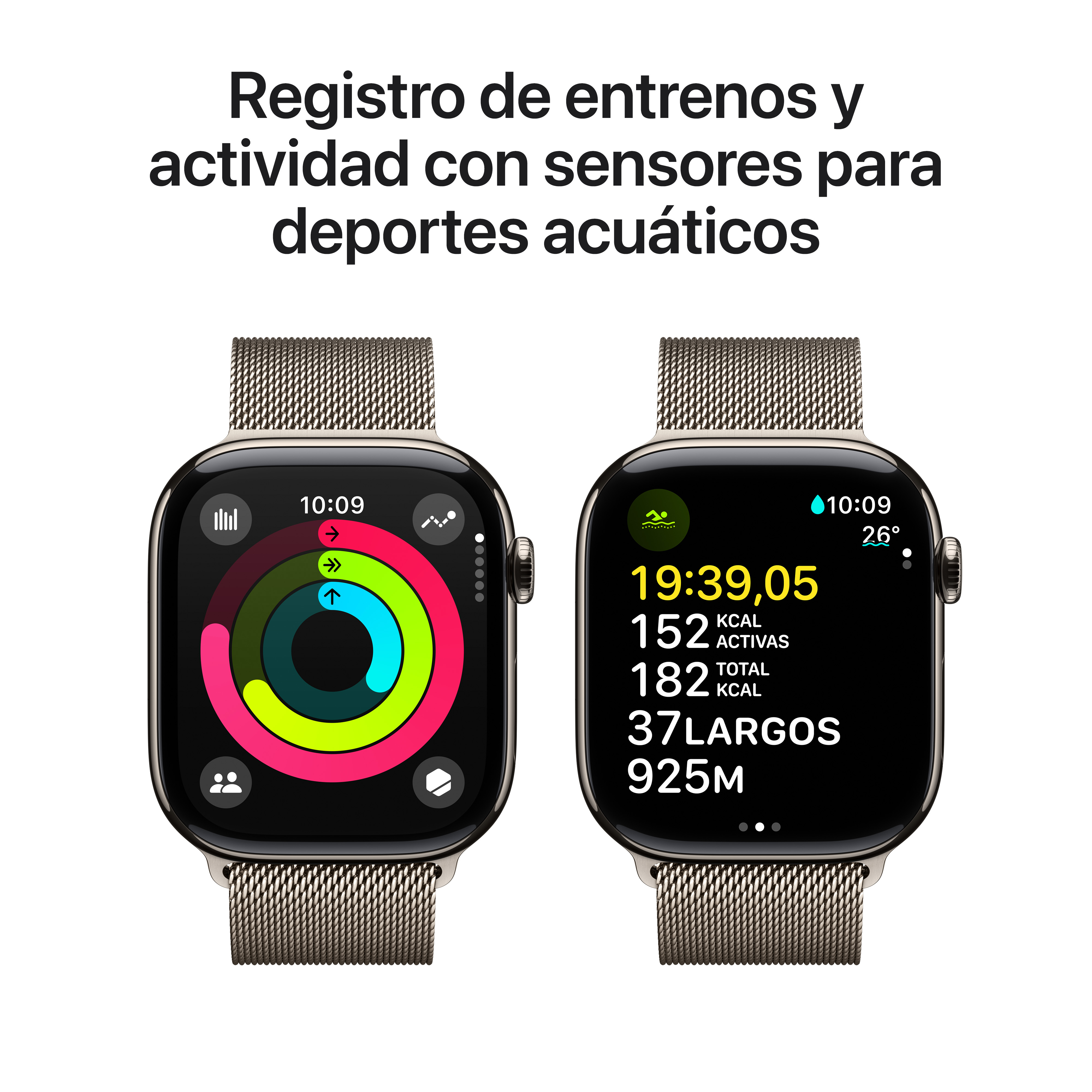 Dos Apple Watch muestran estadísticas de entrenamiento. Texto: 'Entrenamiento y actividad con sensores para deportes acuáticos'.