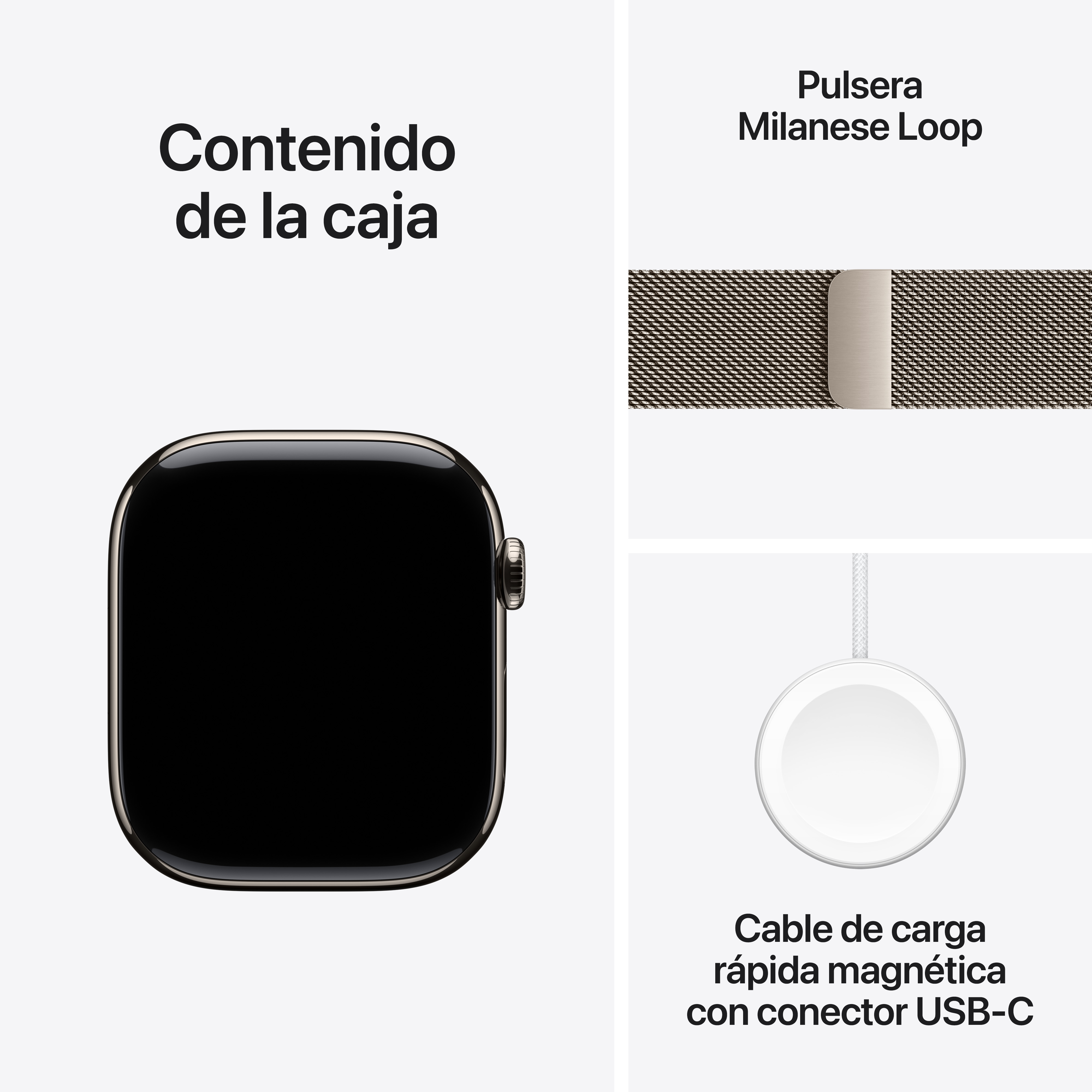 Apple Watch con pantalla negra y correa Milanese Loop, junto con el cable de carga.