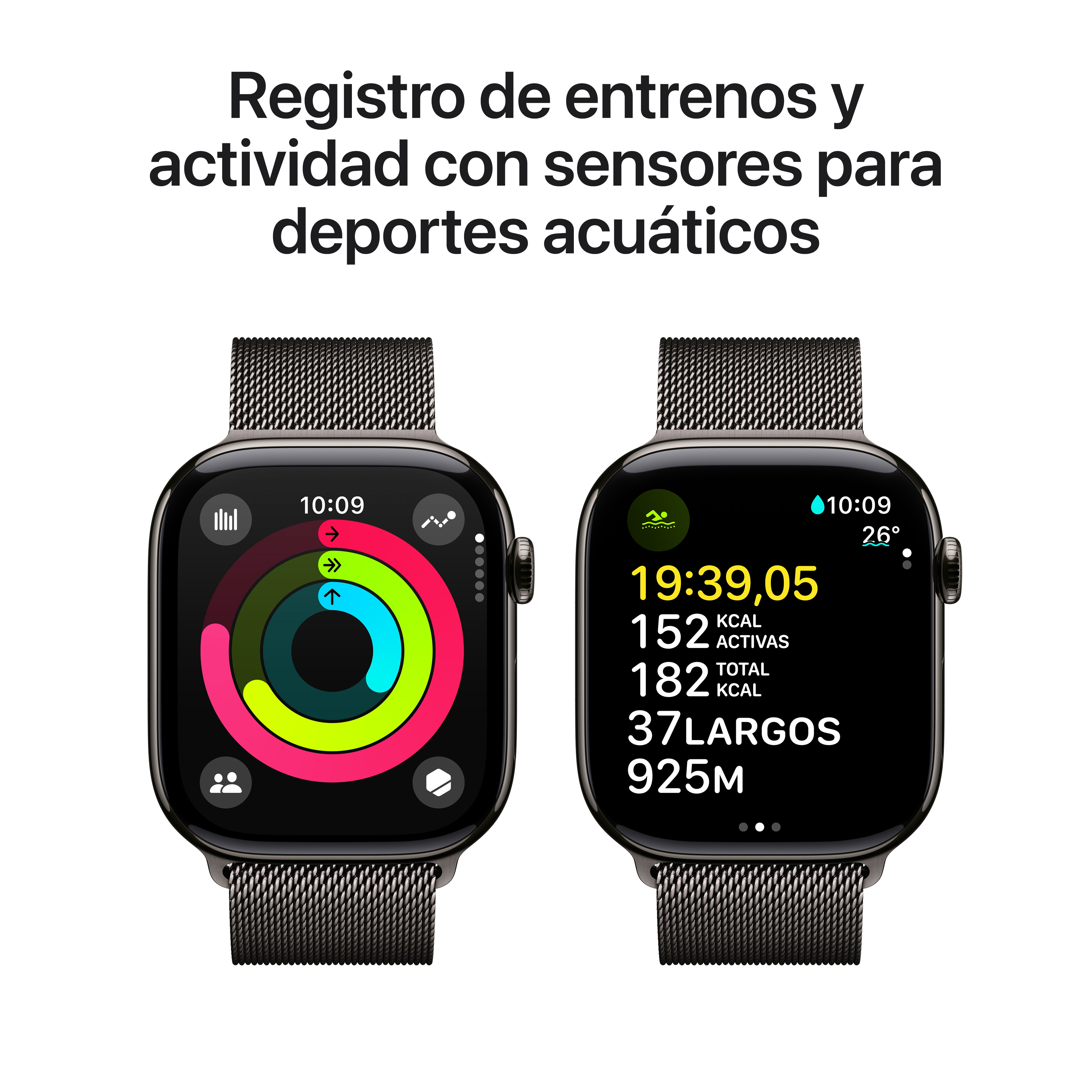 Dos Apple Watch, mostrando datos de entrenamiento y anillos de actividad en las pantallas. Texto en español visible.