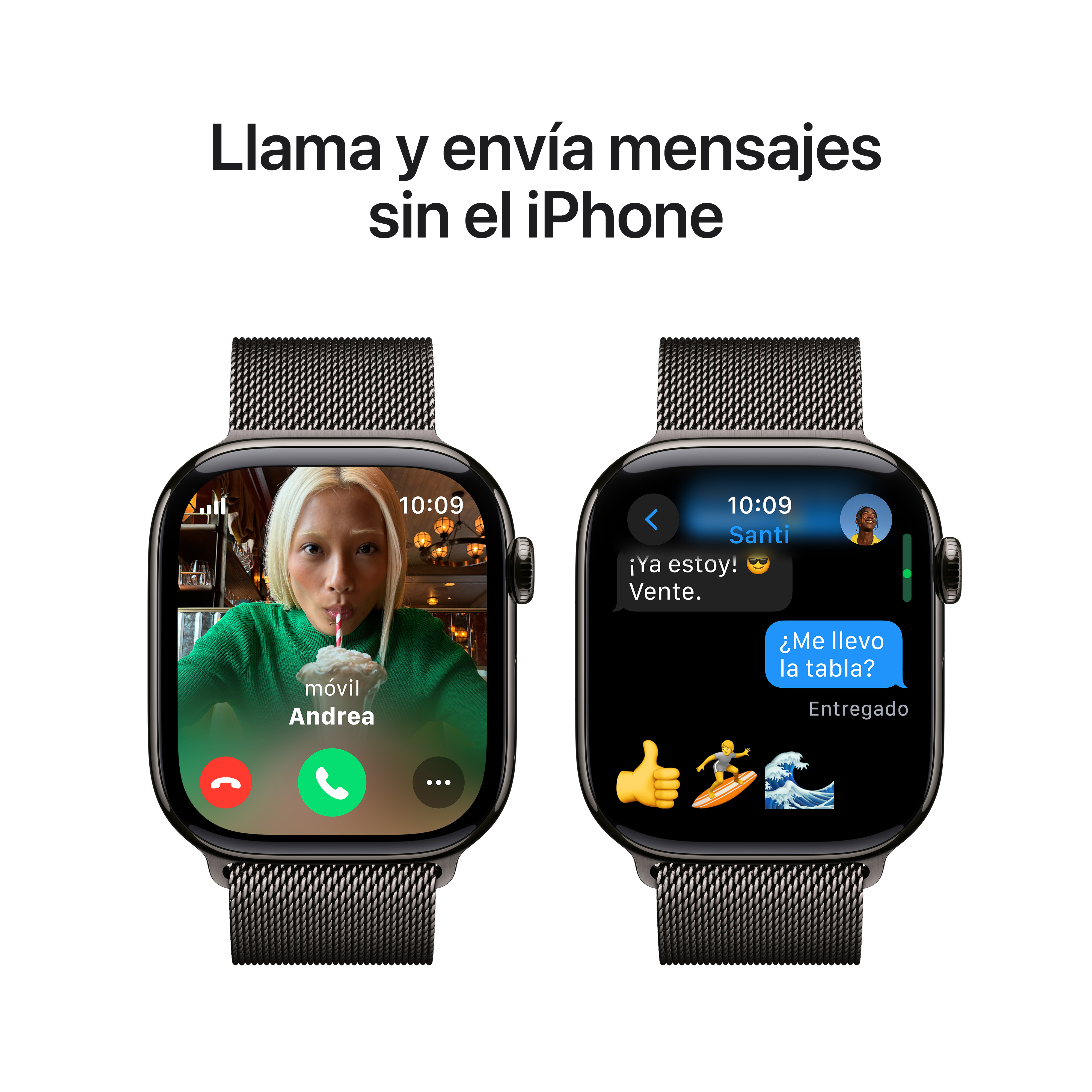 Dos Apple Watches que muestran llamadas y mensajes. Uno muestra una videollamada y el otro un mensaje de texto.