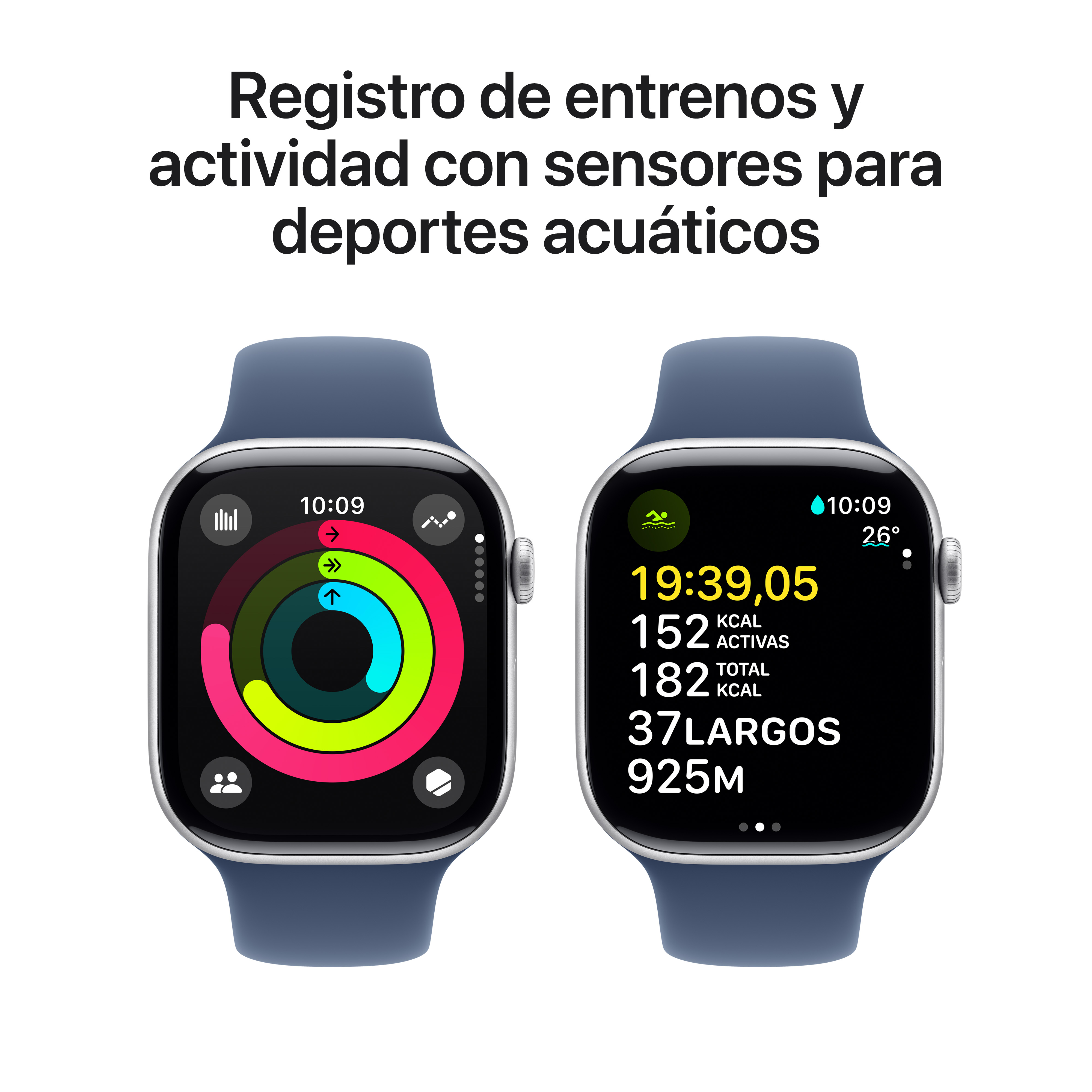 Dos Apple Watches mostrando datos de entrenamiento y anillos de actividad, con texto en español.