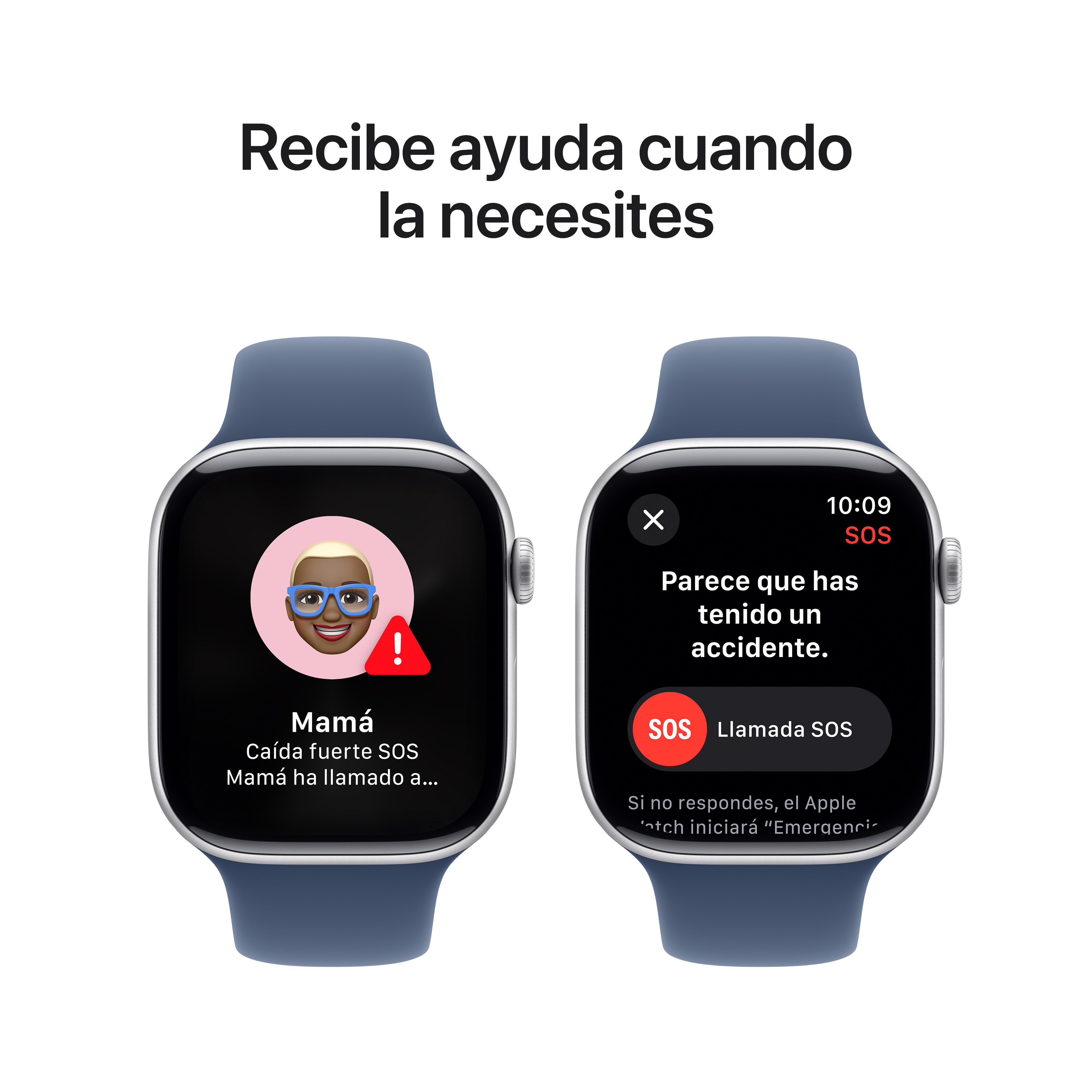 Dos Apple Watch muestran una pantalla de SOS de emergencia. Una muestra la información de contacto de la madre. La otra: llamada de emergencia.