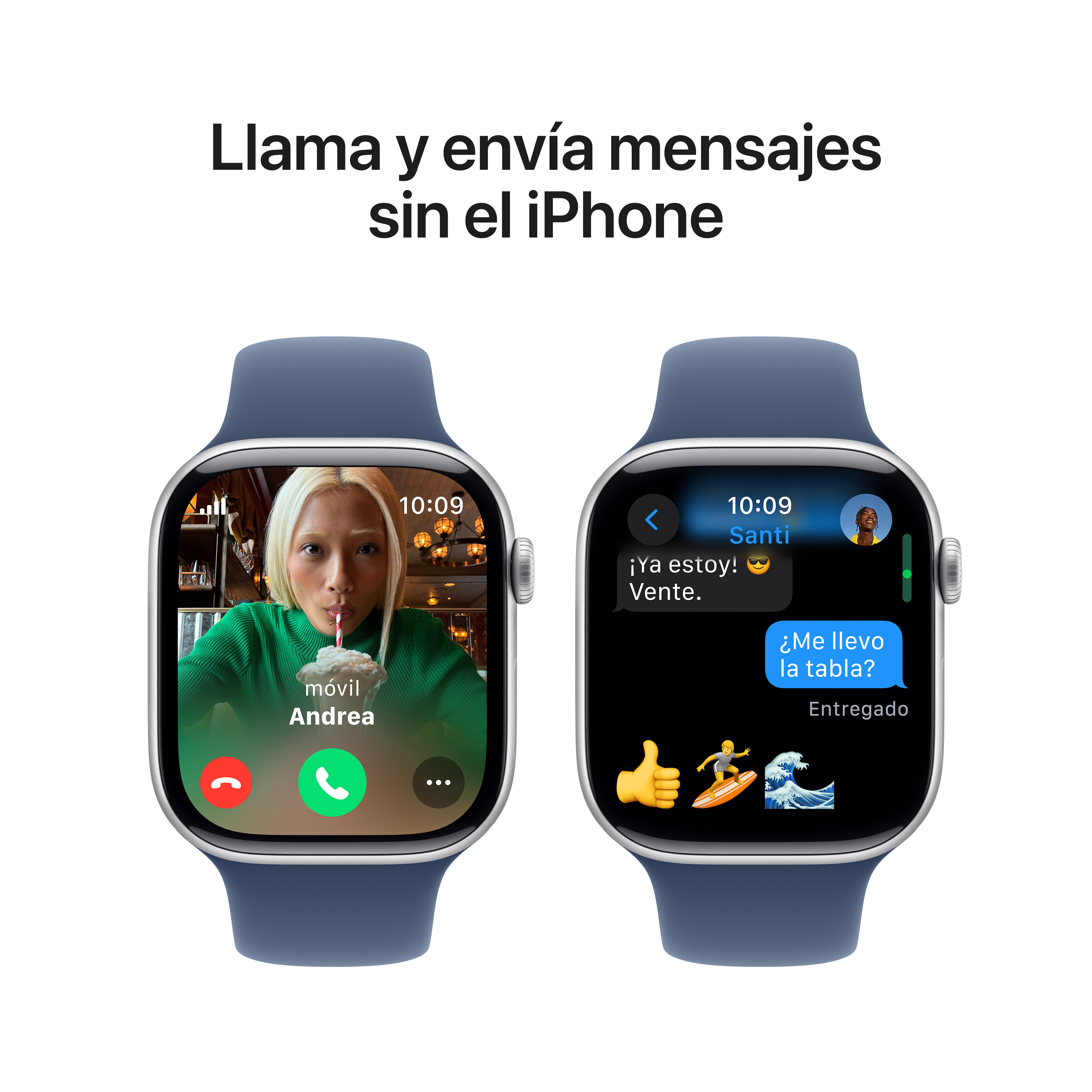 Dos smartwatches mostrando diferentes pantallas. Uno muestra una videollamada, el otro un mensaje de texto.