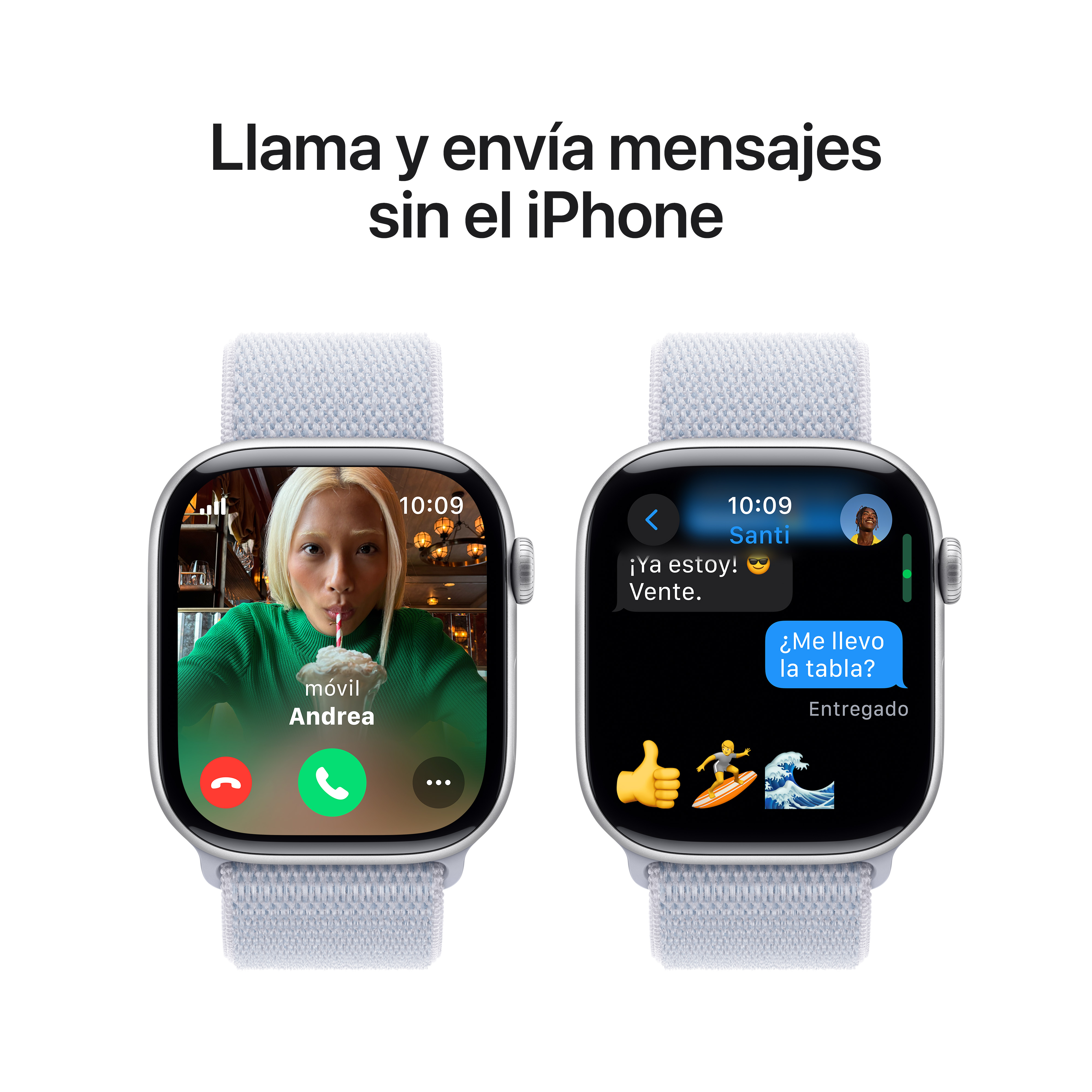 Dos Apple Watches mostrando videollamadas y mensajes; texto arriba: 'Llama y envía mensajes sin iPhone'.