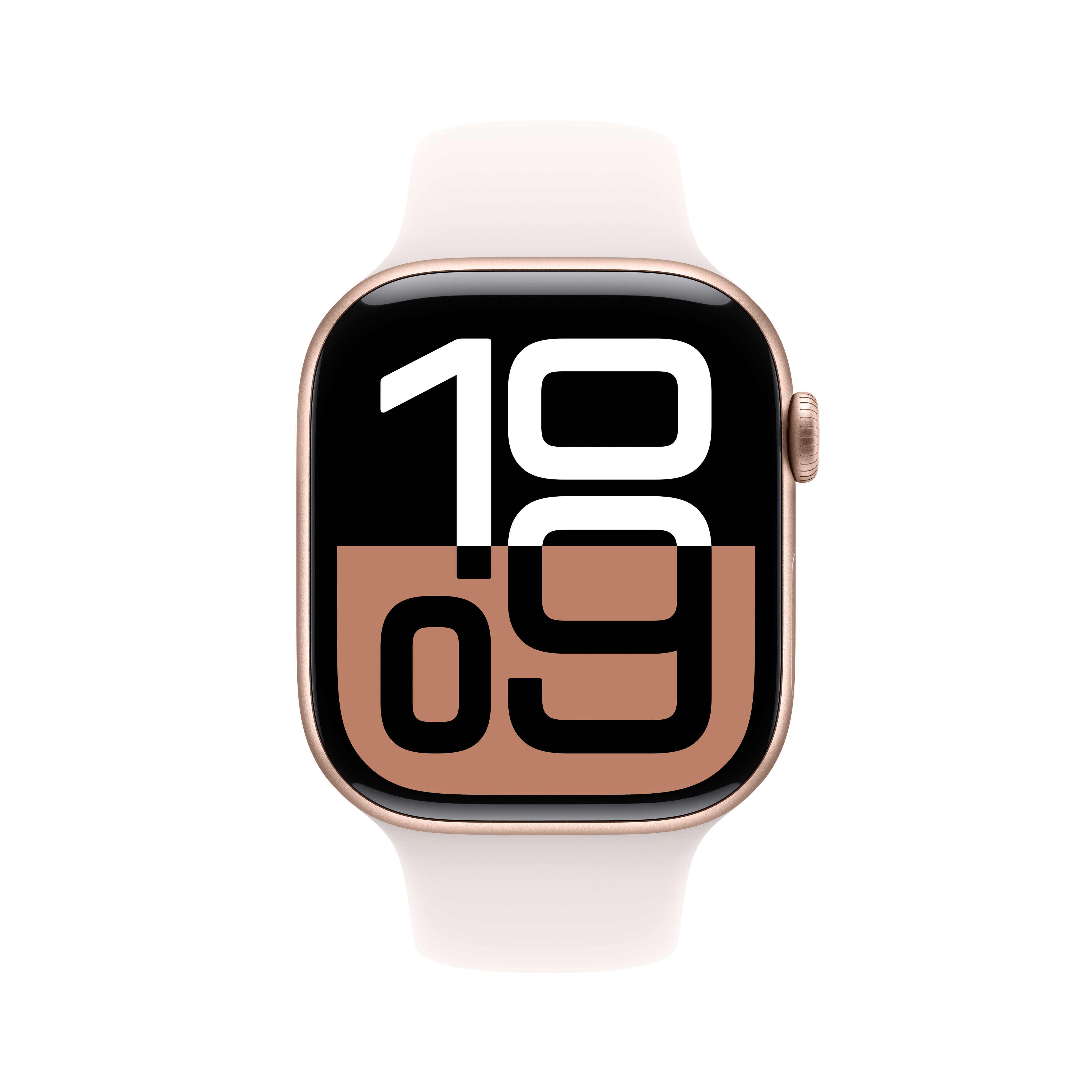 Apple Watch con caja oro rosa, correa blanca y pantalla negra con números.