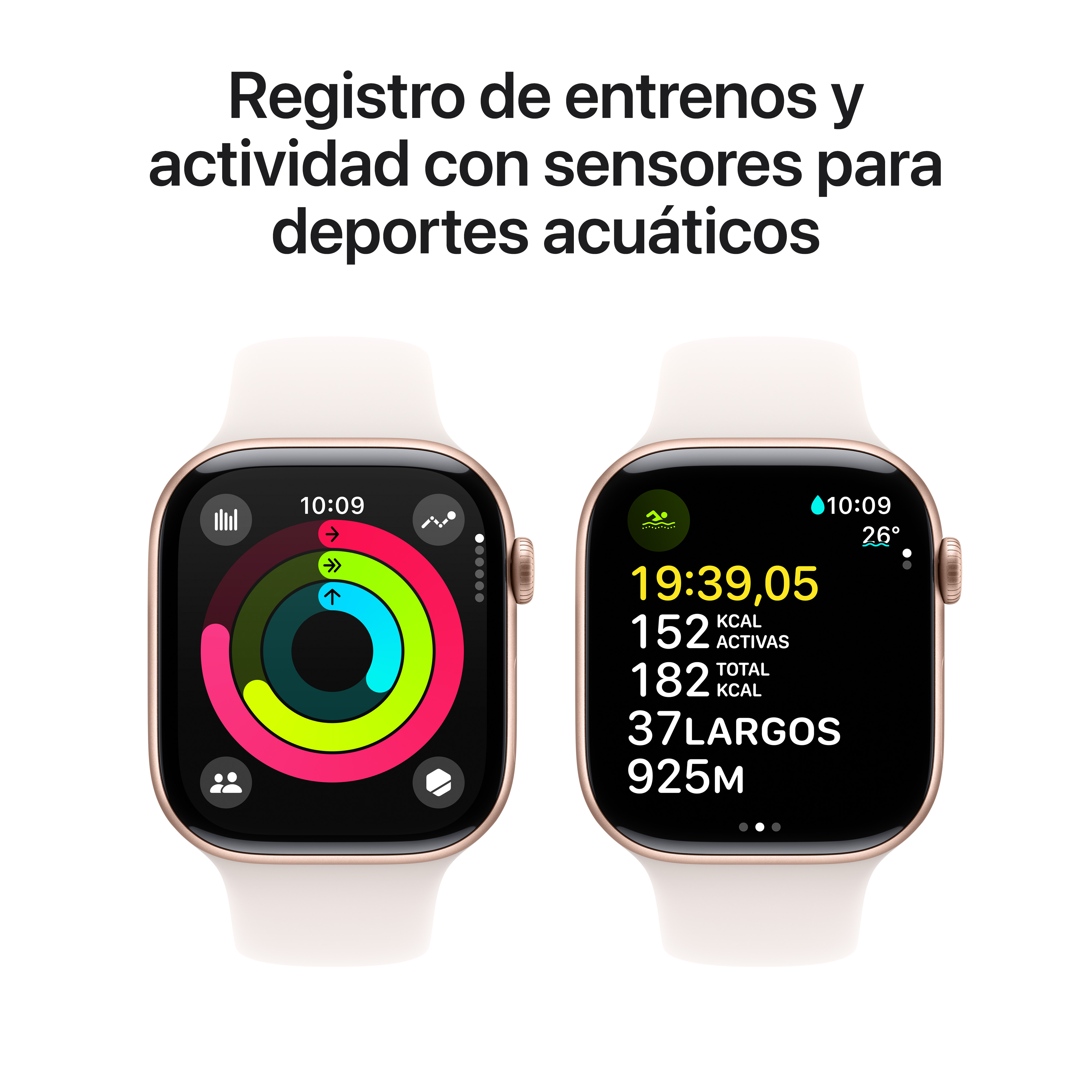 Dos smartwatches mostrando métricas de entrenamiento, con anillos de actividad y detalles.