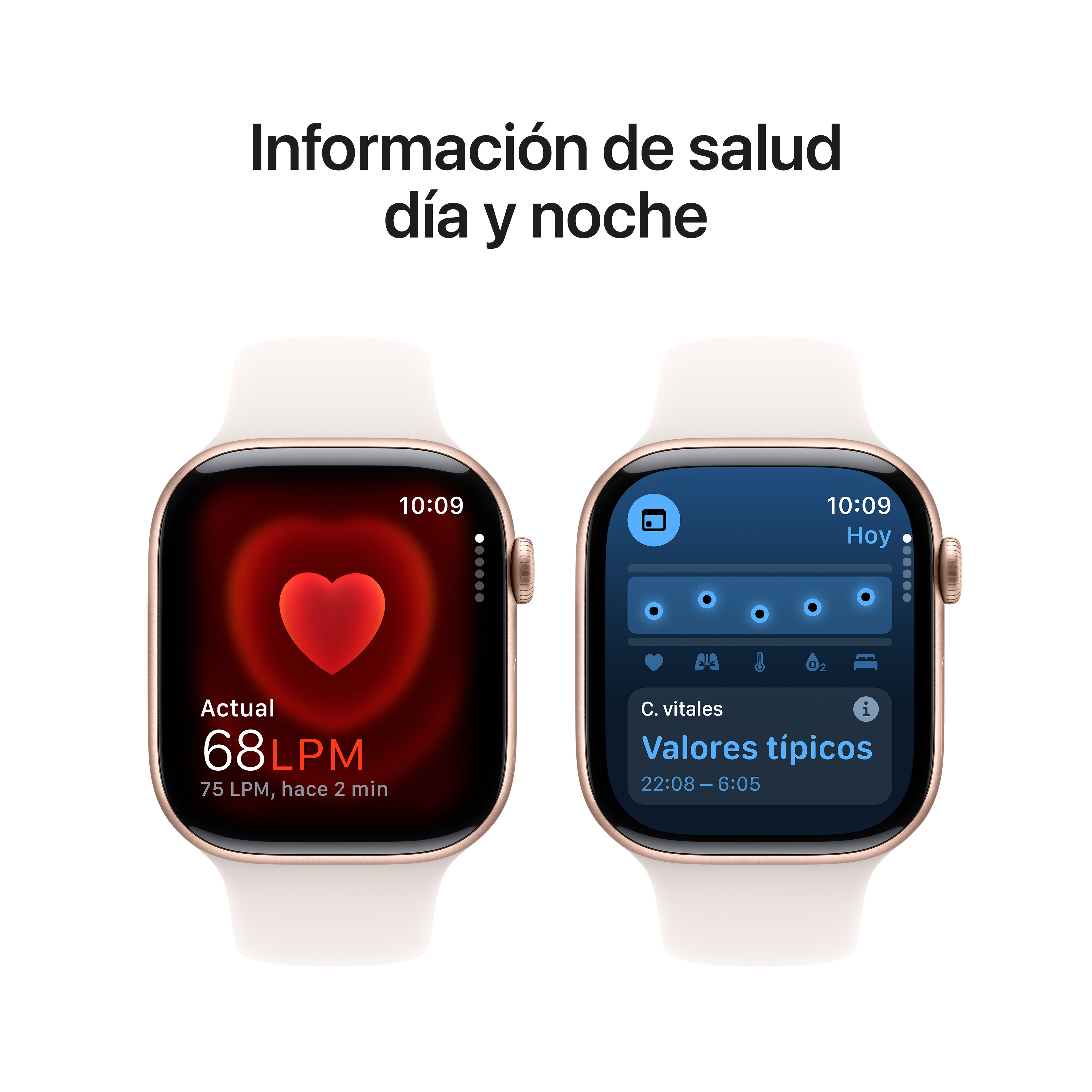 Dos Apple Watches que muestran métricas de salud: frecuencia cardíaca y datos de actividad.