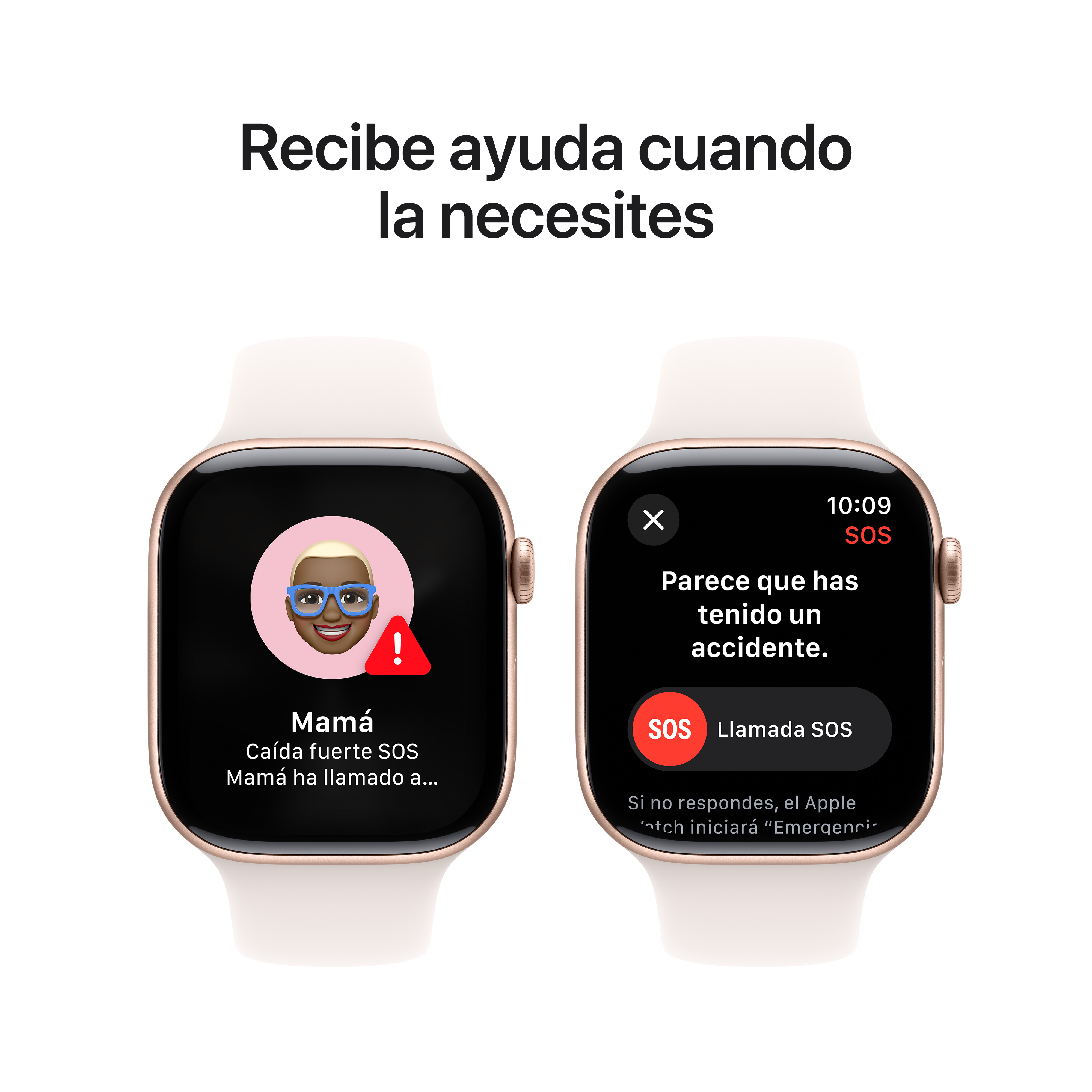 Dos Apple Watches mostrando una alerta SOS sobre fondo blanco, con texto en español.