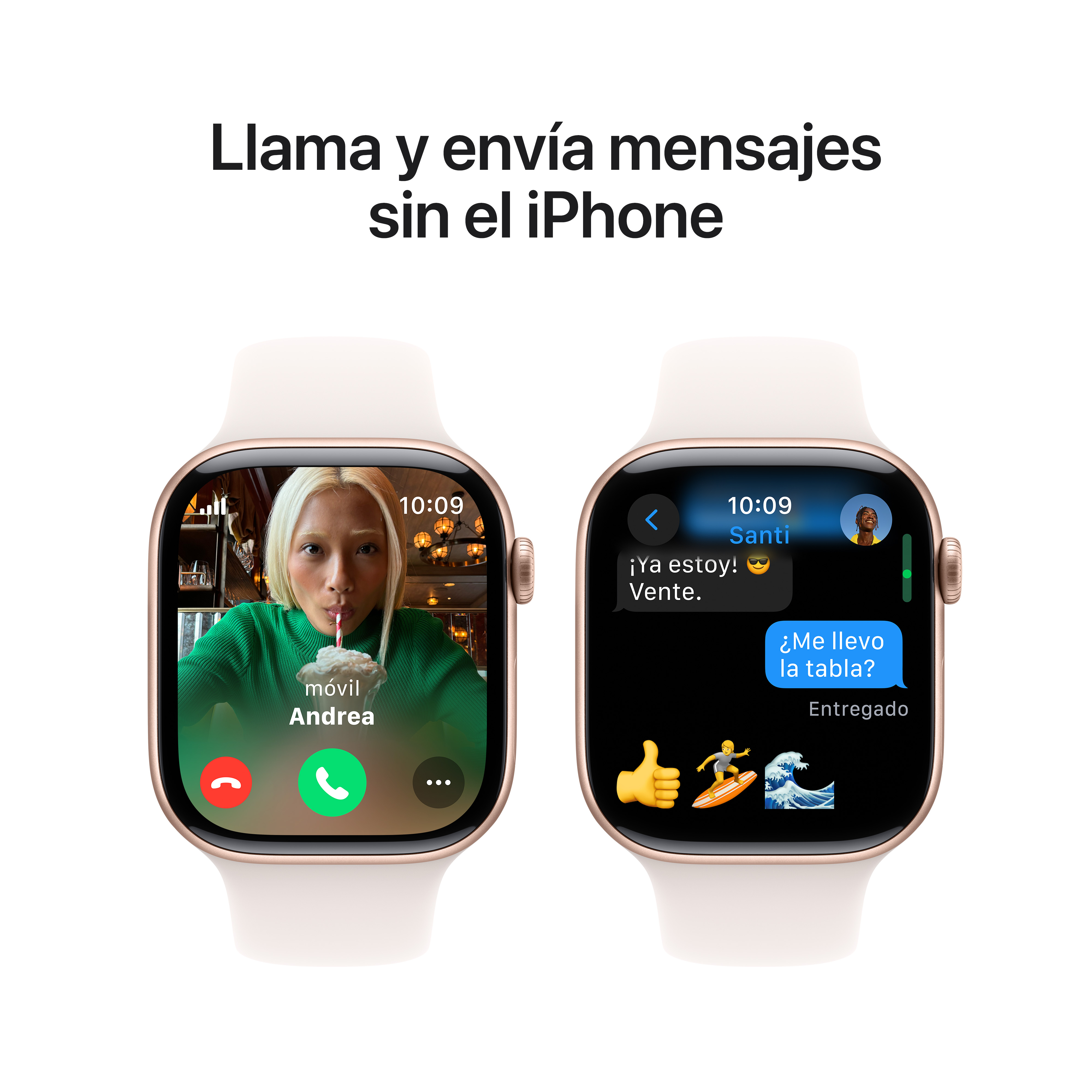 Dos Apple Watches con videollamadas y mensajes en las pantallas.
