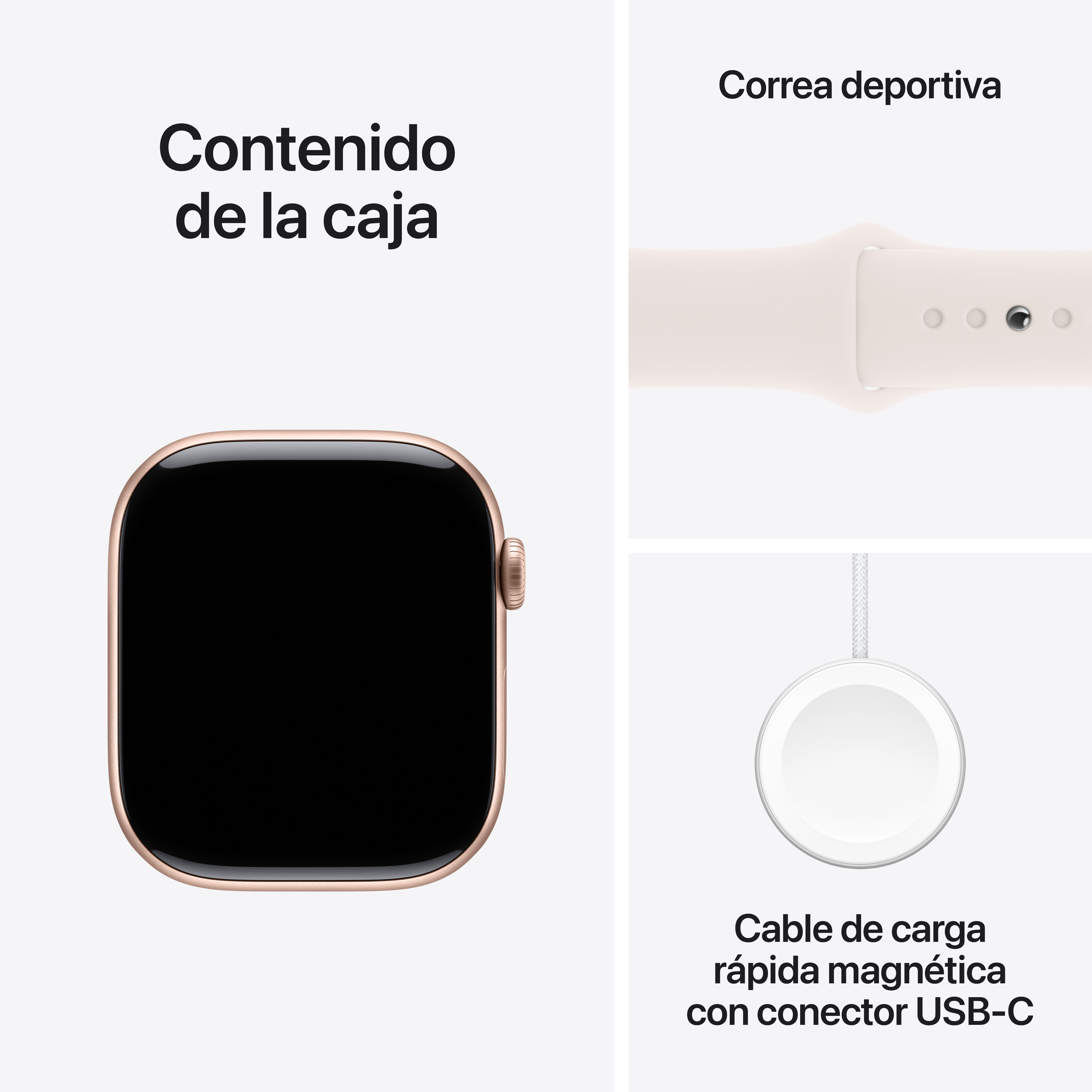 Un Apple Watch, una correa deportiva y un cable de carga USB-C sobre fondo blanco.