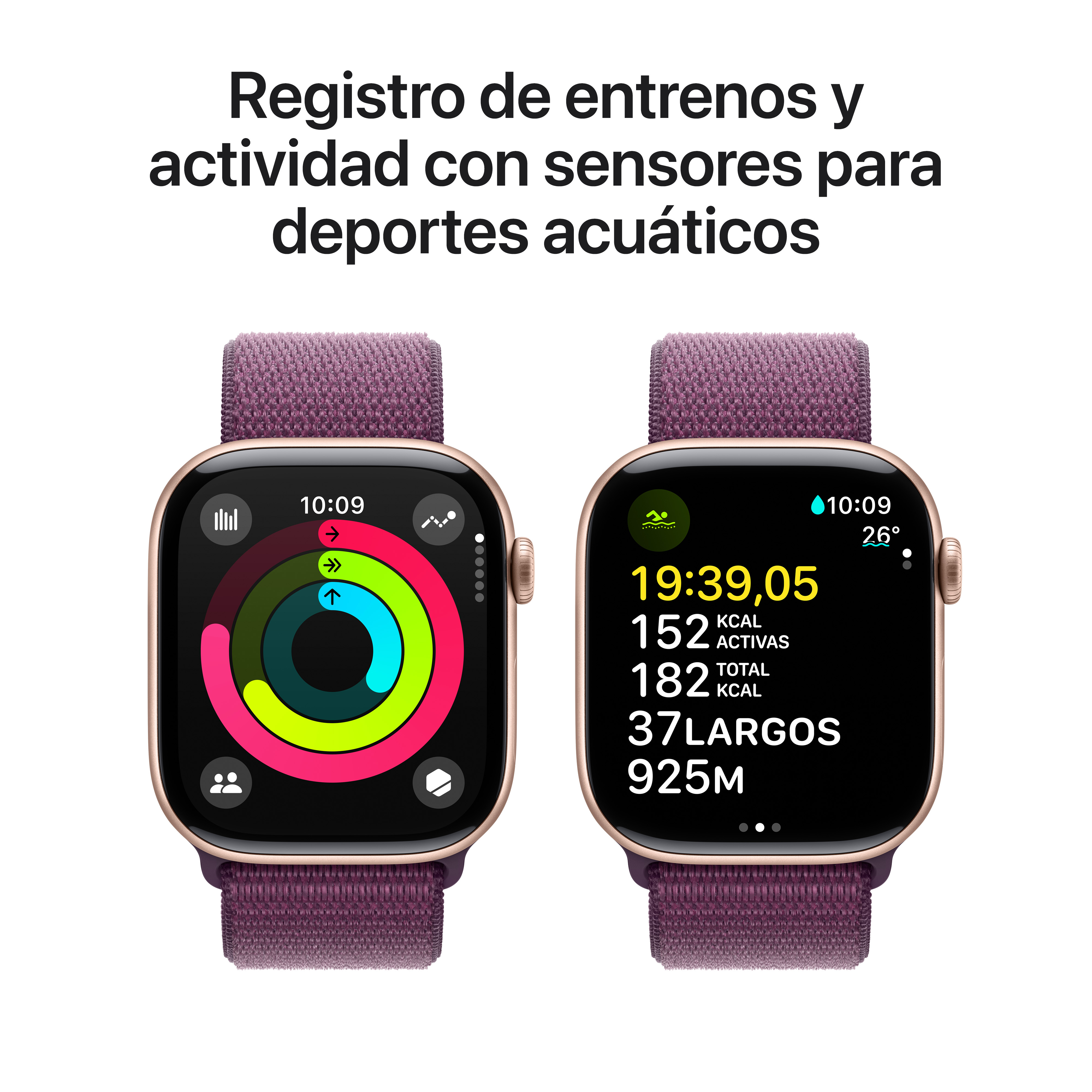 Dos smartwatches mostrando datos de entrenamiento. Uno muestra un gráfico circular, otro duración y calorías.