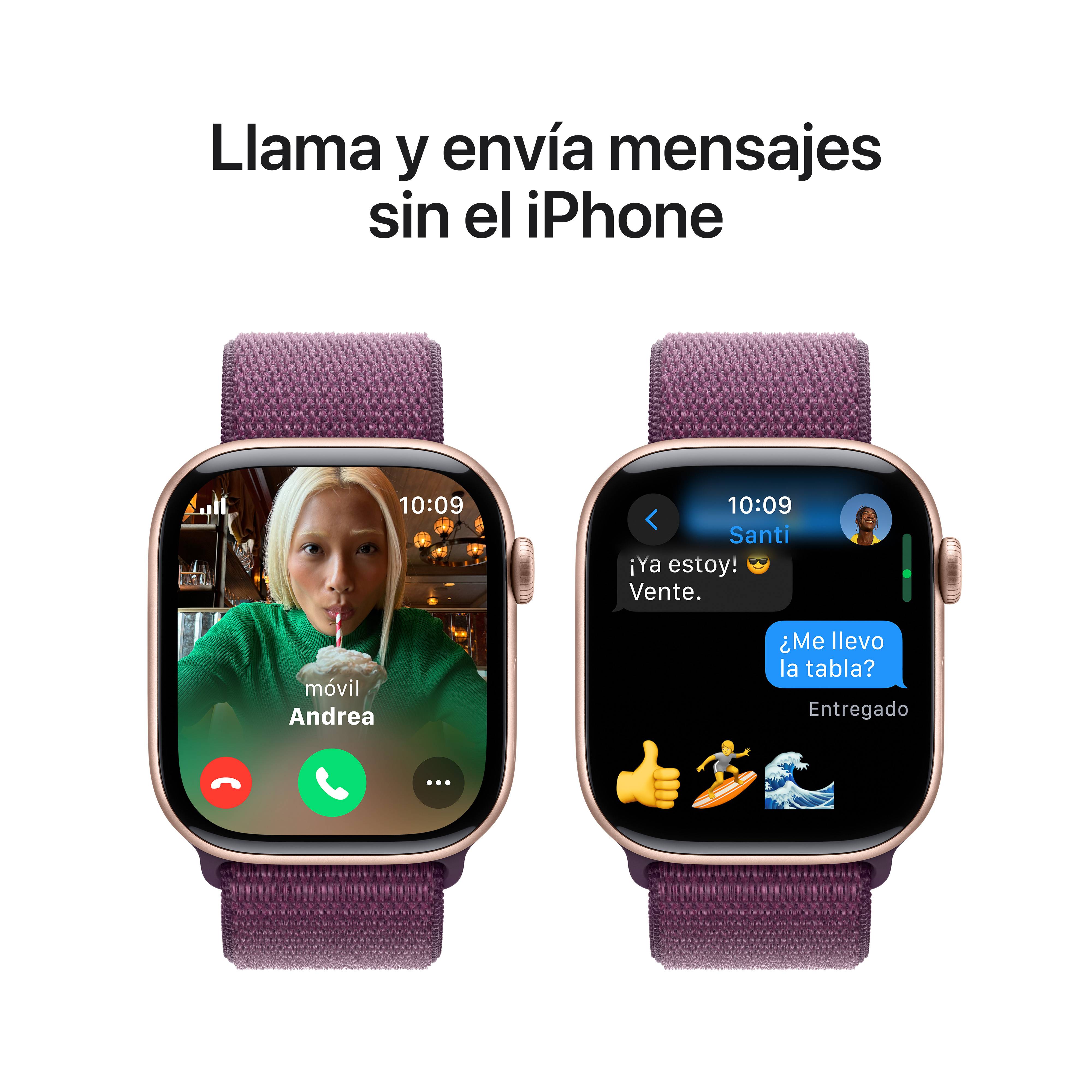 Dos Apple Watches mostrando videollamadas y mensajes; texto en español.