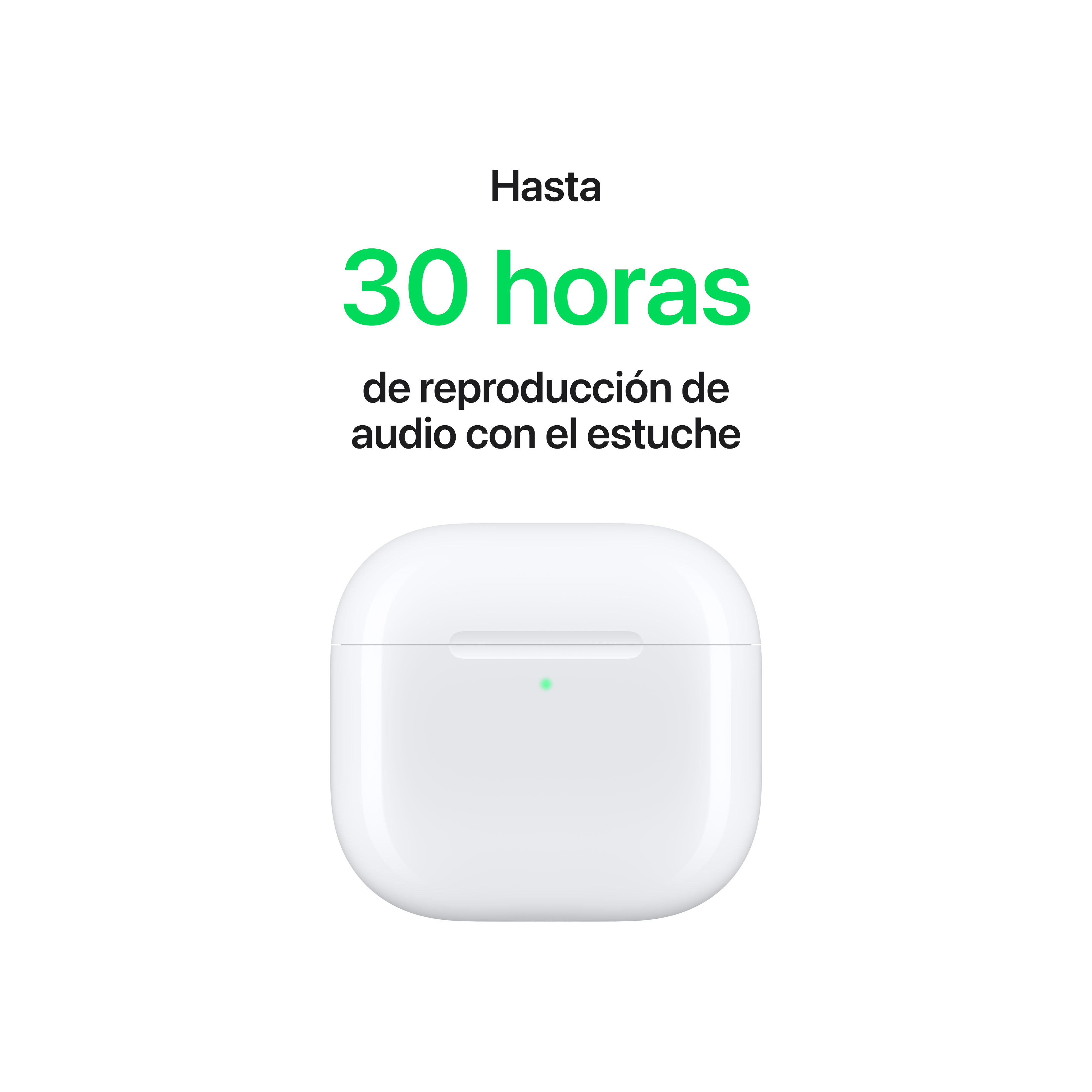 Estuche blanco de AirPods con luz verde, texto dice '30 horas' de reproducción de audio con el estuche.