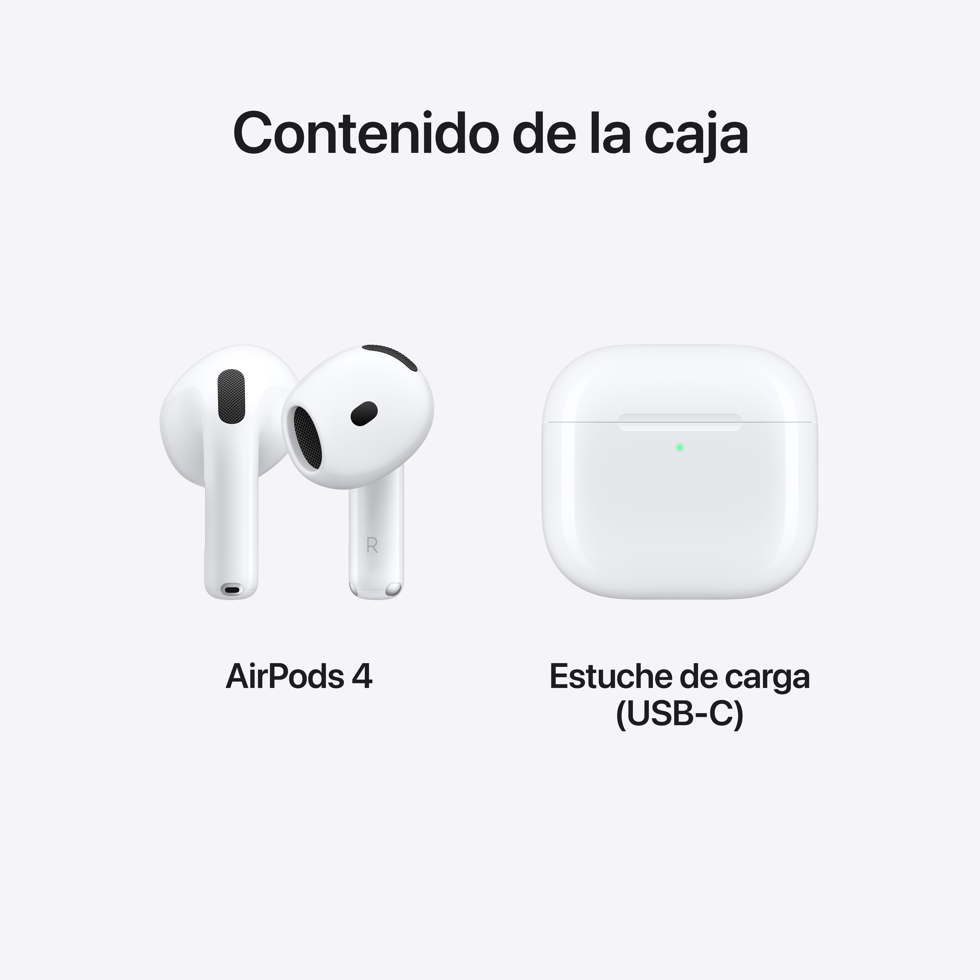 AirPods blancos y estuche de carga. Texto en español: 'Contenido de la caja'.