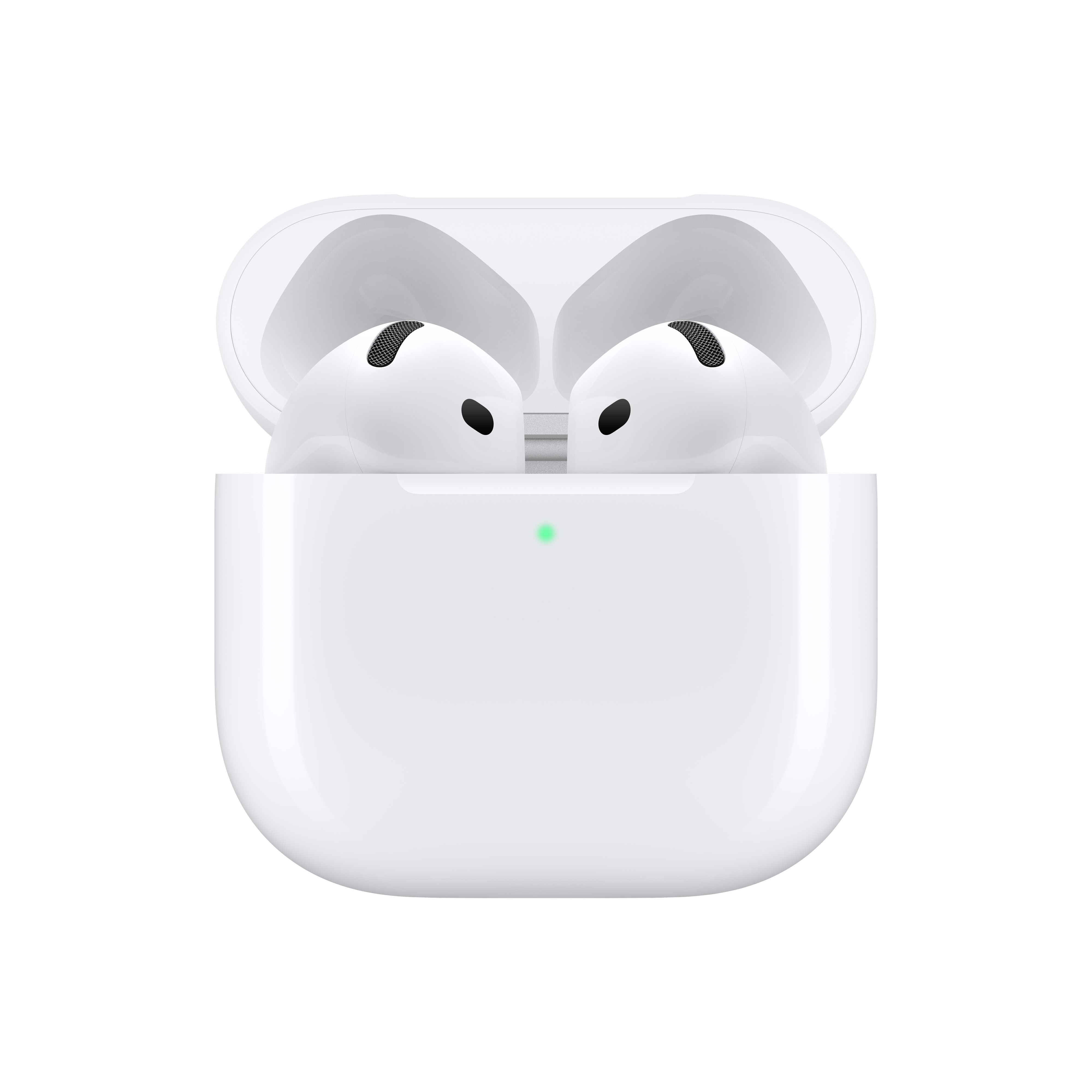 AirPods Pro blancos en un estuche de carga. El estuche está abierto, mostrando dos auriculares con malla negra.