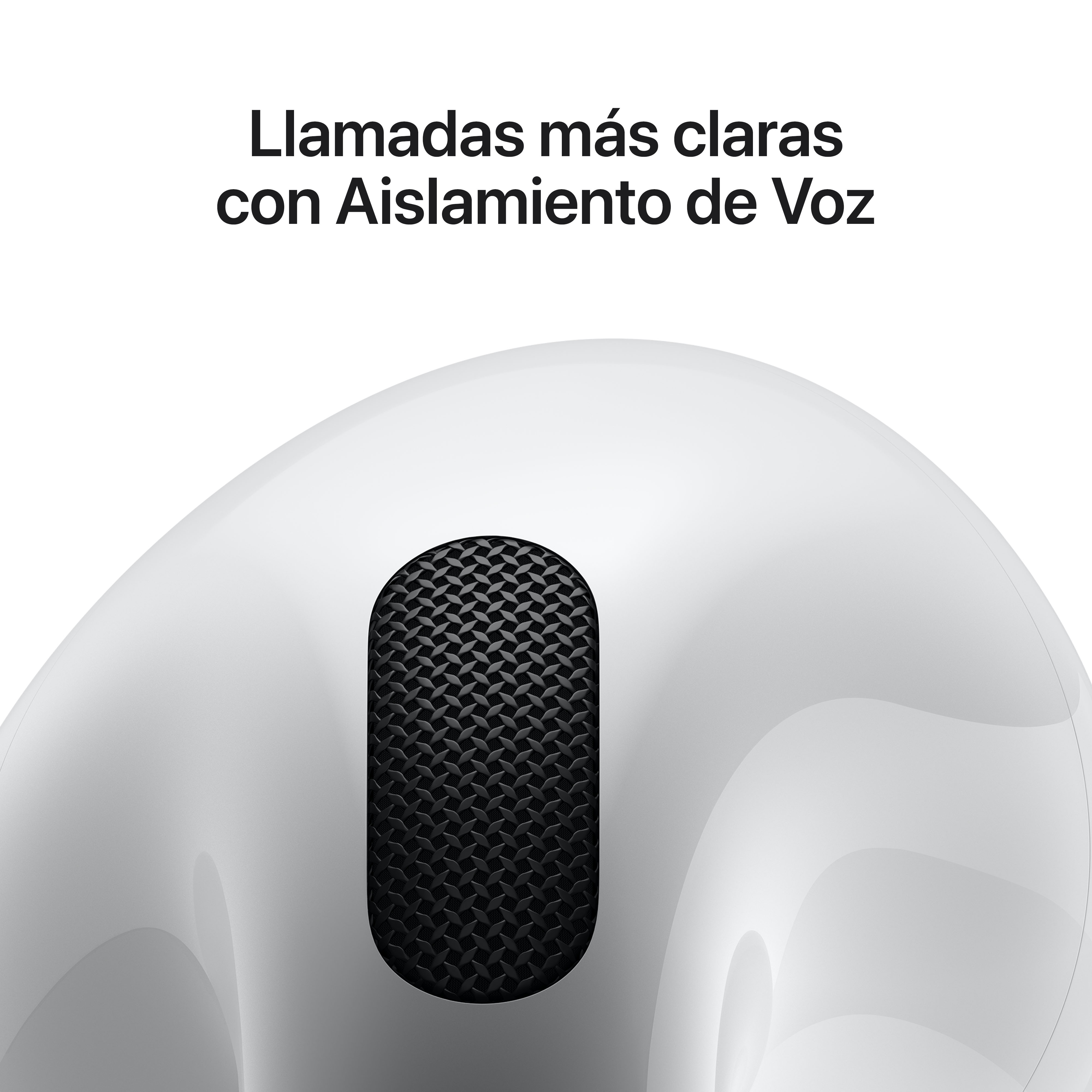 Primer plano de un auricular blanco con una malla negra sobre el micrófono, mostrando la tecnología de aislamiento de voz.