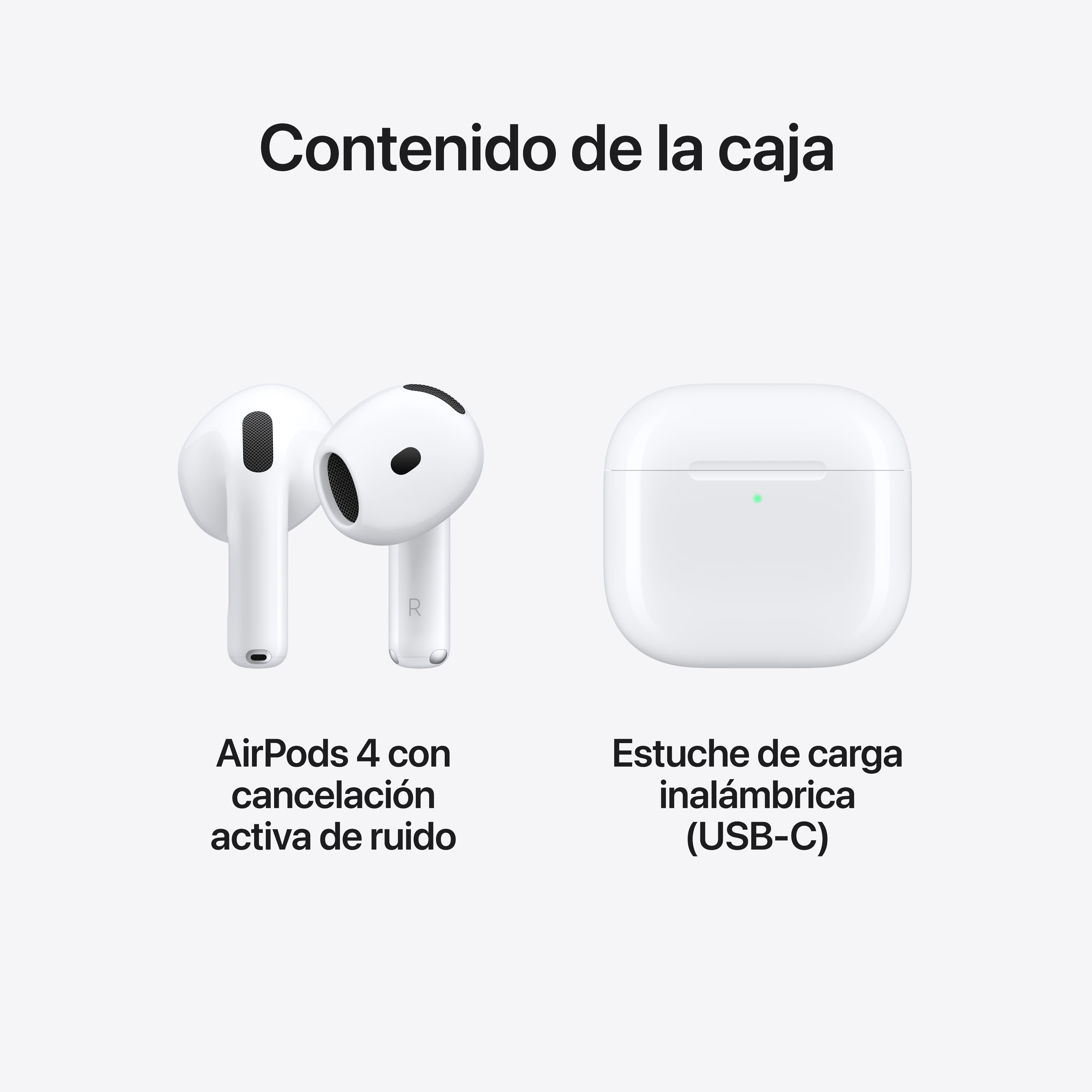 AirPods blancos y estuche de carga, sobre fondo gris claro. Texto en español.