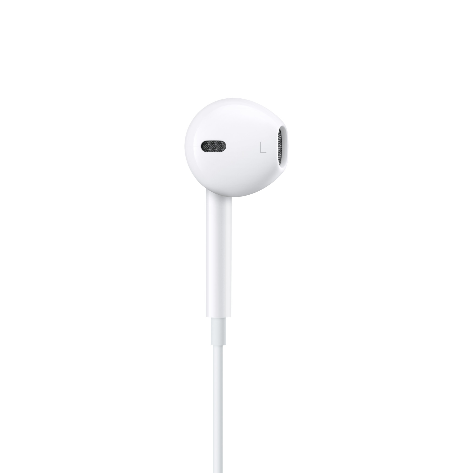 Beyaz bir Apple EarPod'un yakın çekimi. Kulaklığın ve sapın şekli görülebilir.
