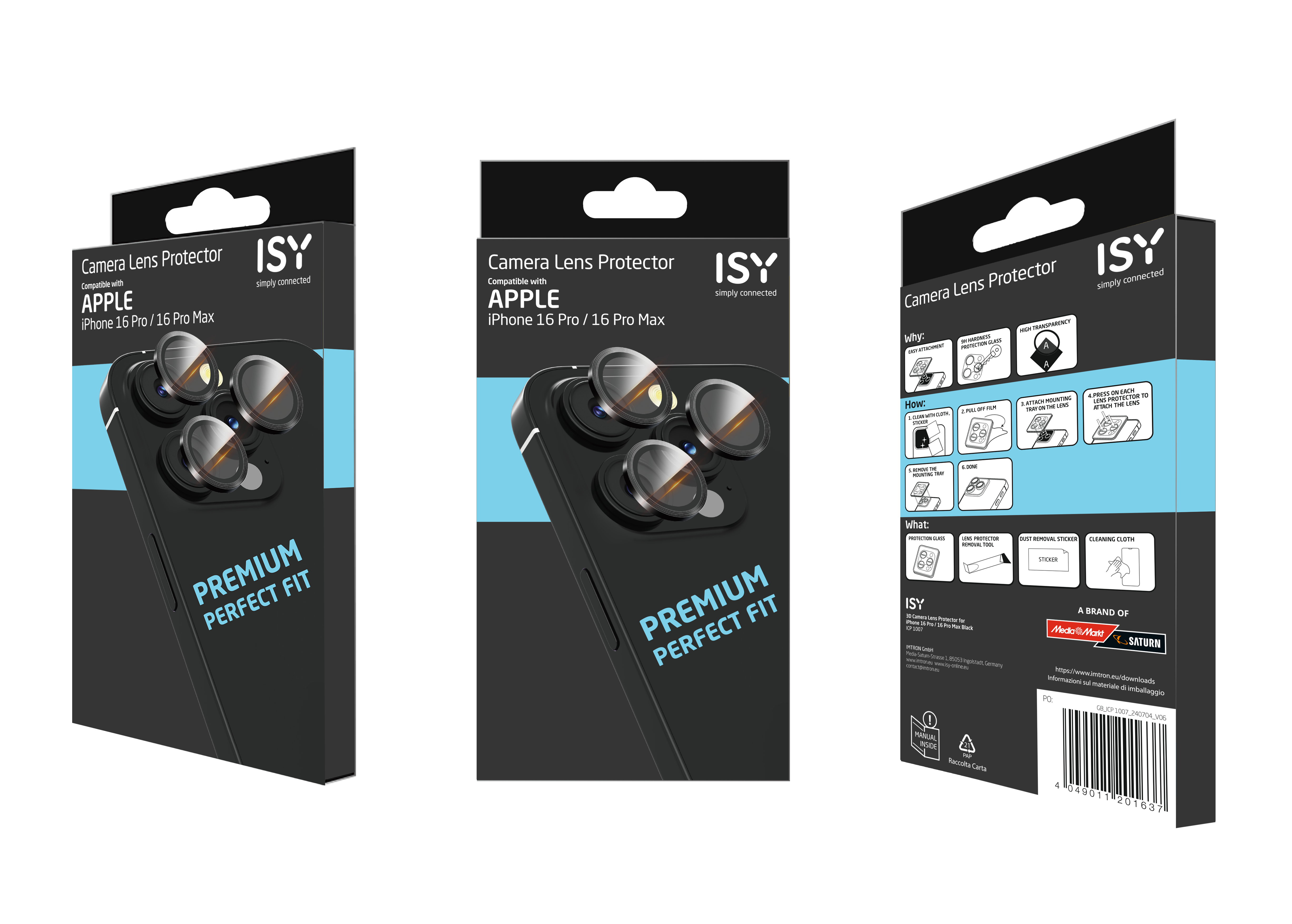 Verpackung für iPhone-Kameraobjektivschutz. Zeigt das Produkt und seine Funktionen auf der Box.