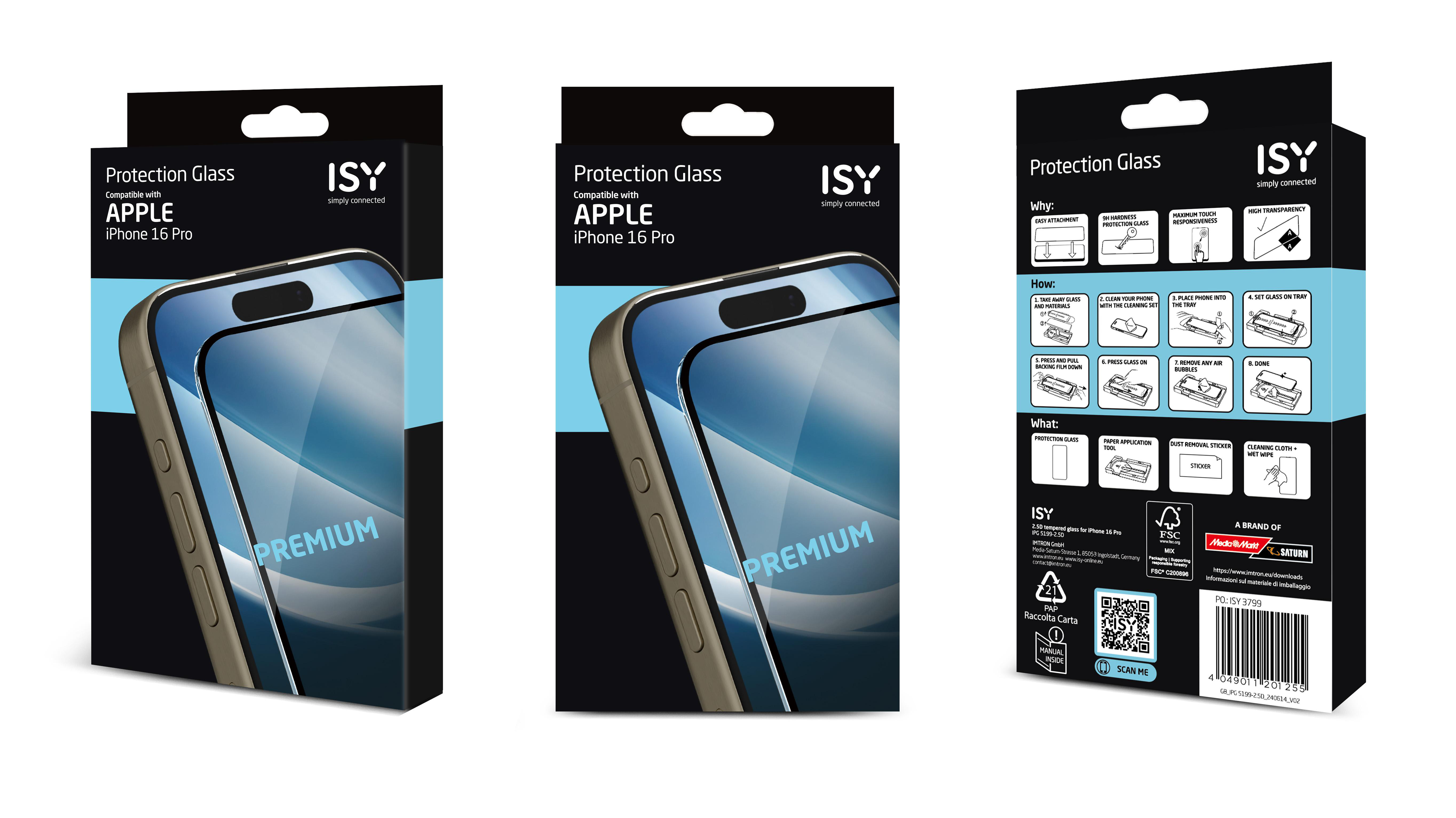 Drei Schachteln mit Displayschutzfolien. Marke ISY, iPhone 16 Pro, Premium.