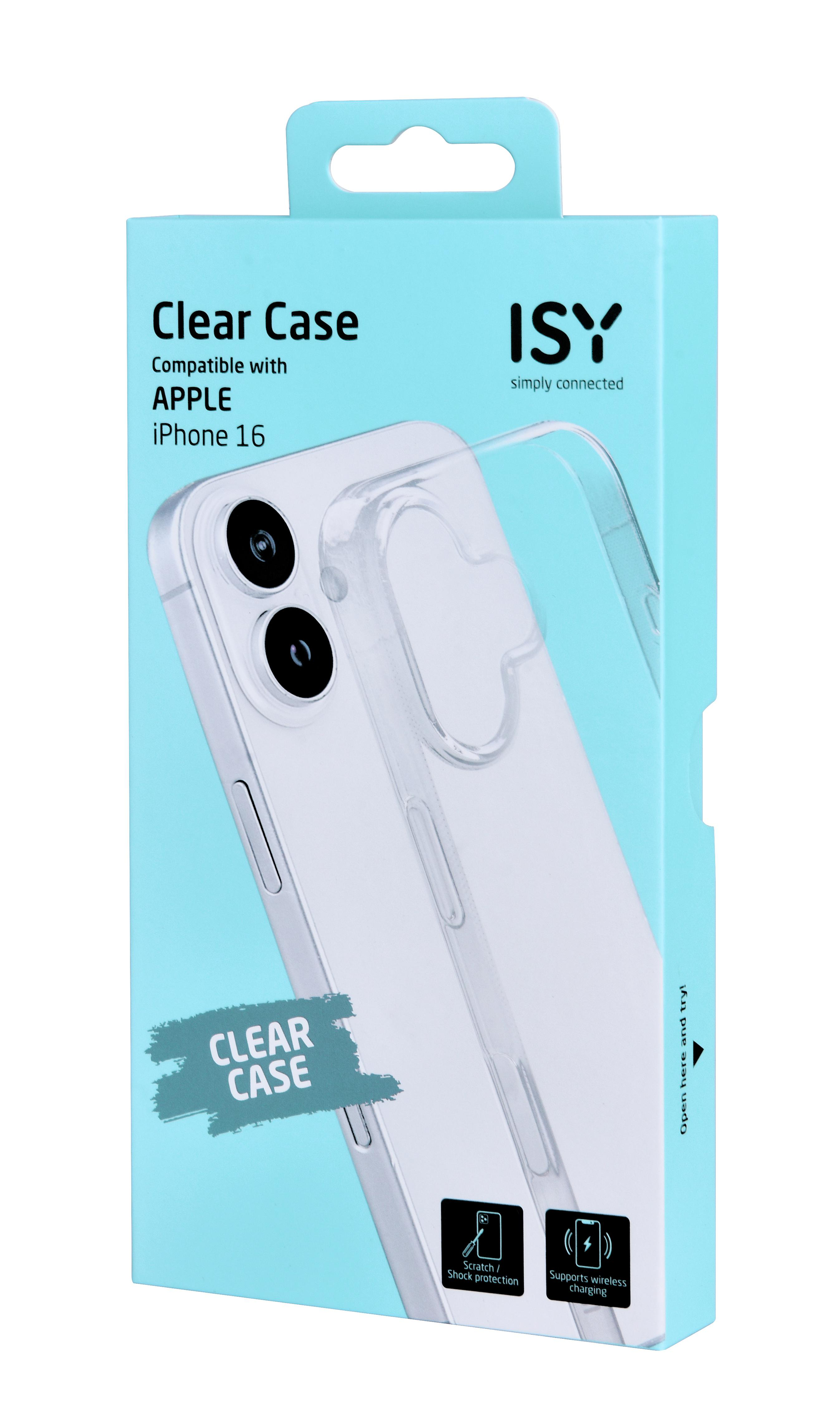 Eine transparente Handyhülle in einer Box. Die Box ist hellblau und hat das ISY-Logo.